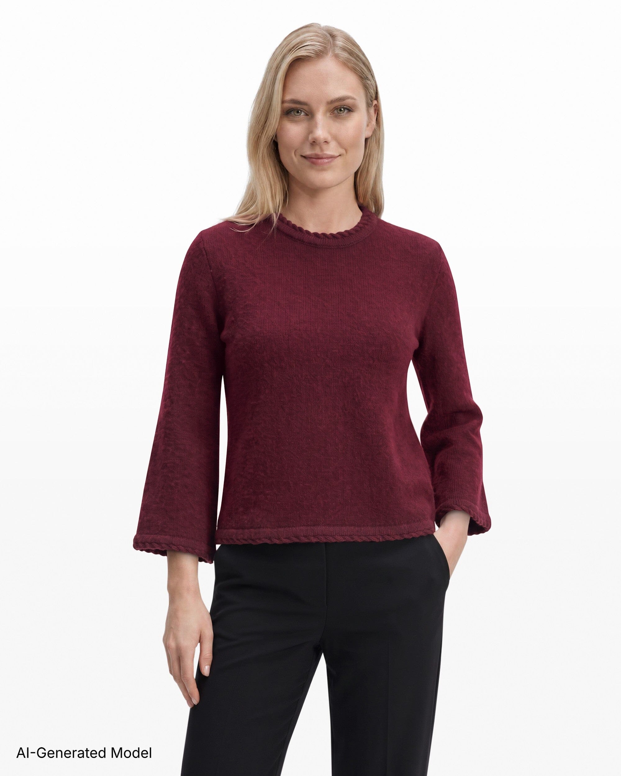 Anne Klein Braided Trim Bell Sleeve Crew Neck Sweater