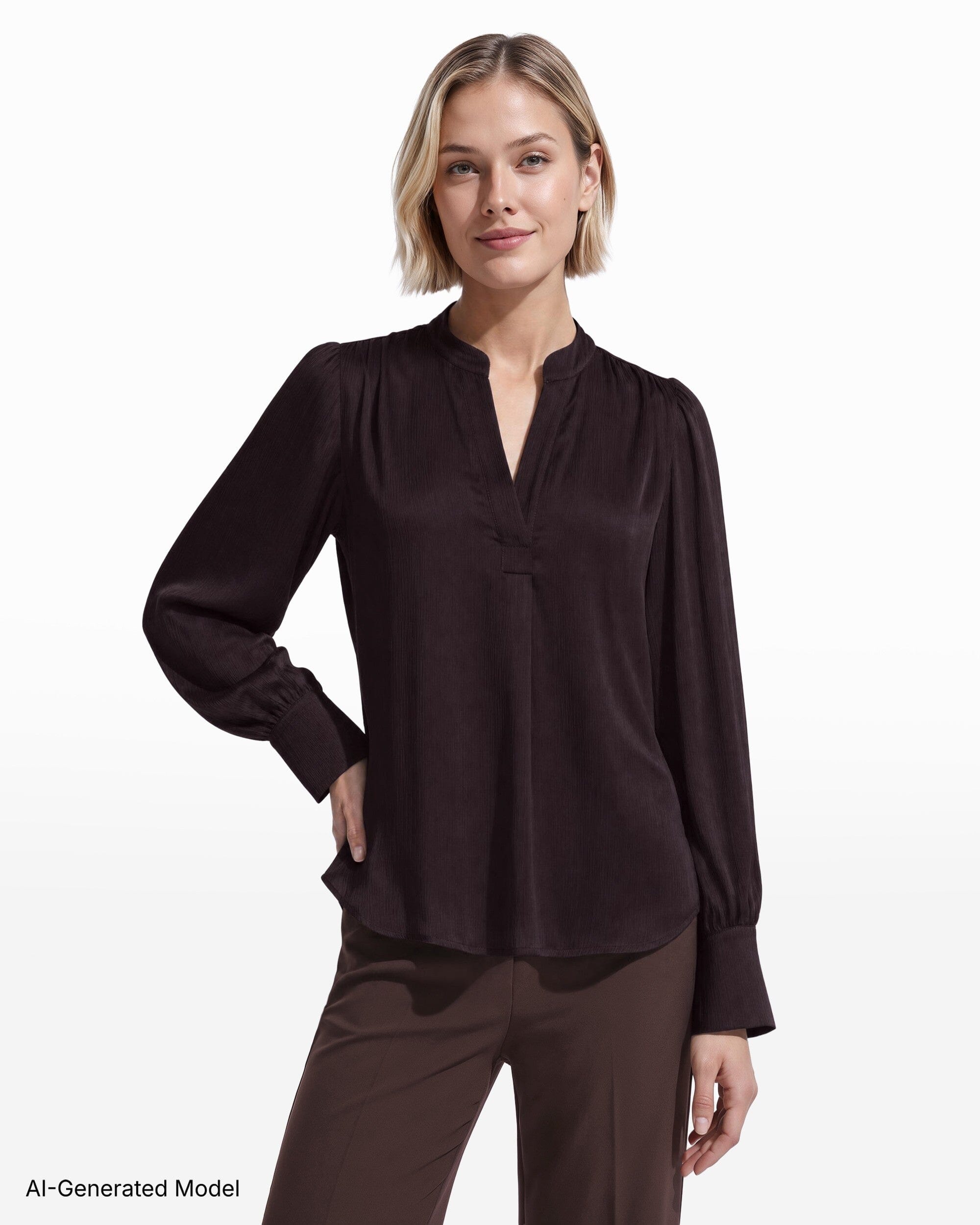 Anne Klein Long Sleeve V-Neck Pleated Front Blouse