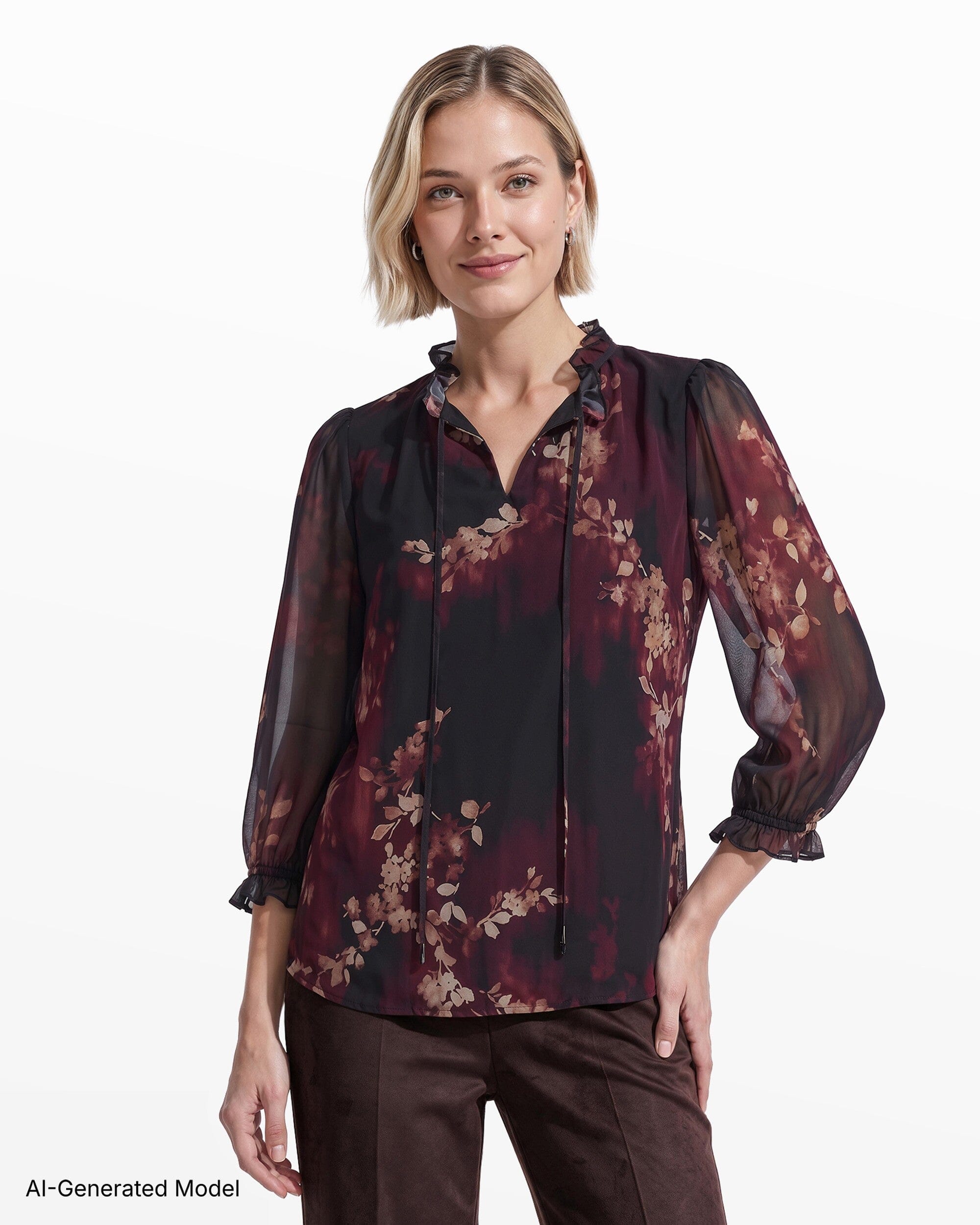 Three-Quarter Shirred Sleeve Ruffle Neck Woven Top Apparel & Accessories Kasper