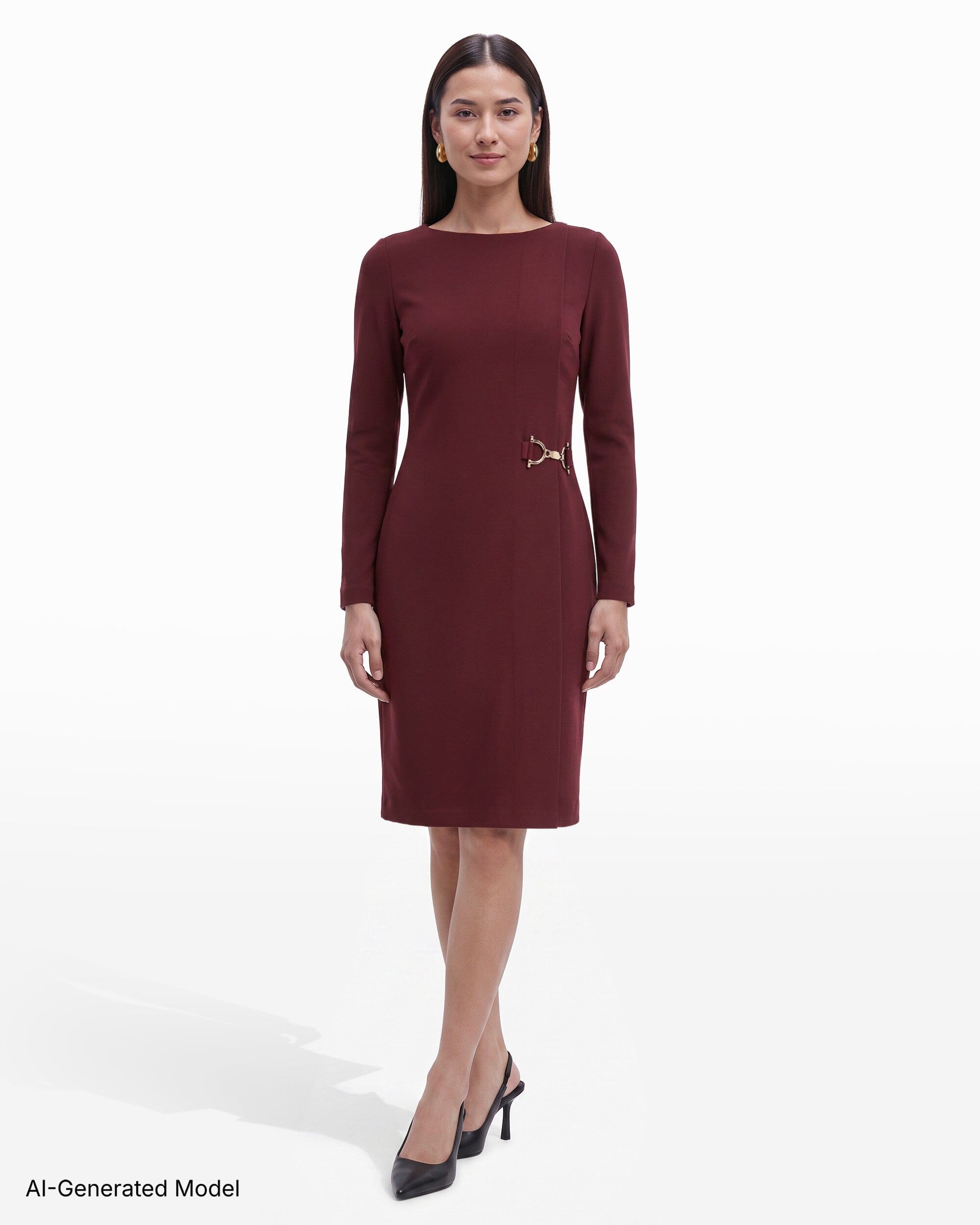 Anne Klein Long Sleeve Boat Neck Sheath Dress with Accent Waist