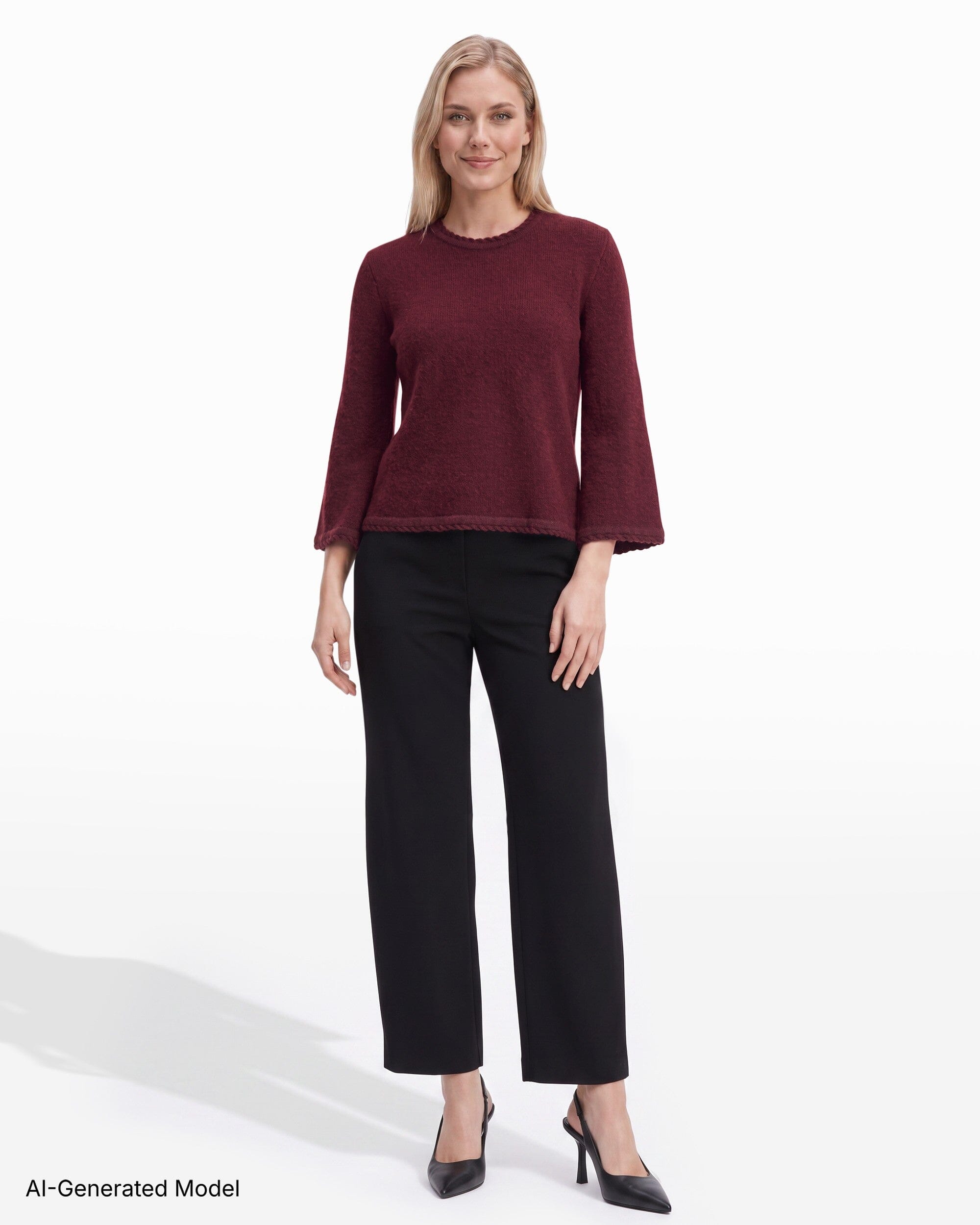 Anne Klein Braided Trim Bell Sleeve Crew Neck Sweater