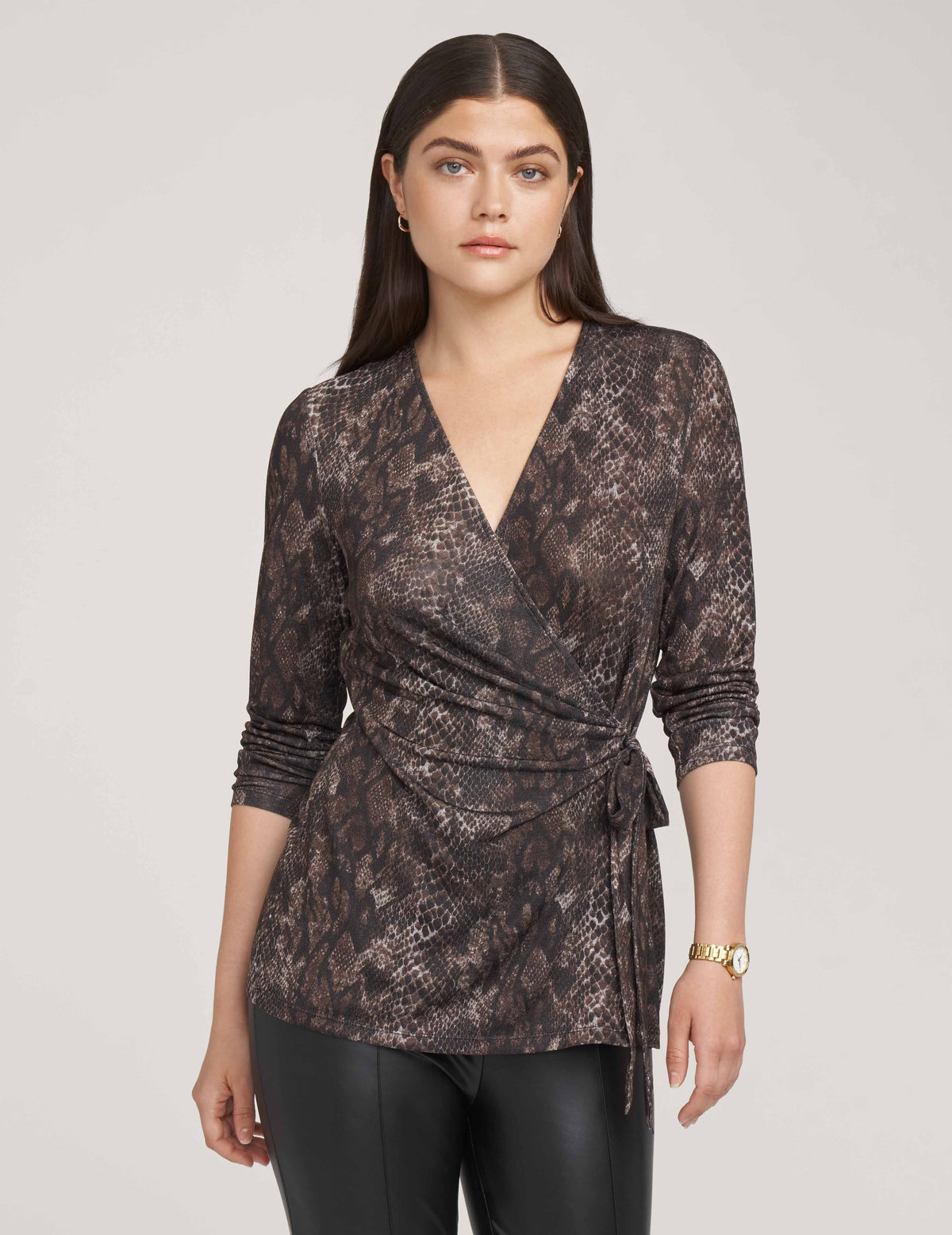 Anne Klein Brown Combo Printed Faux Wrap Top- Sale