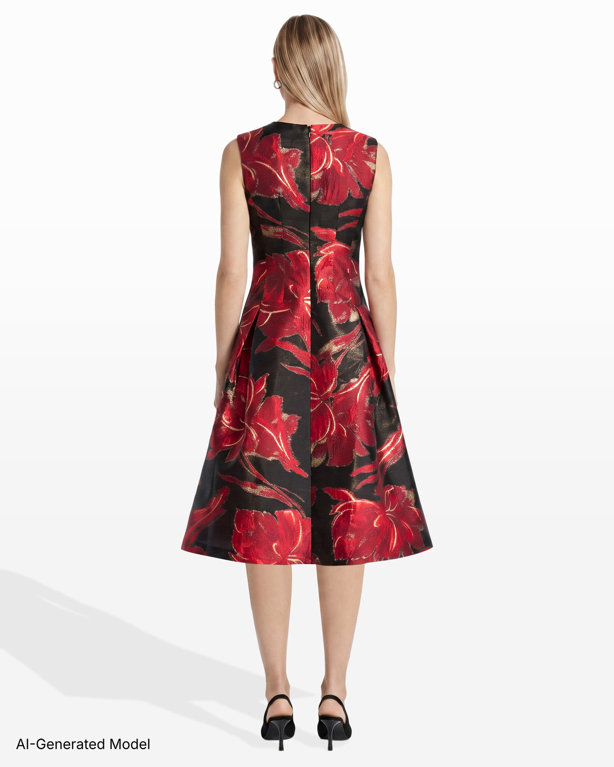 [SKU:12070553-9XO] Floral Jacquard V-Neck Fit & Flare Midi Dress