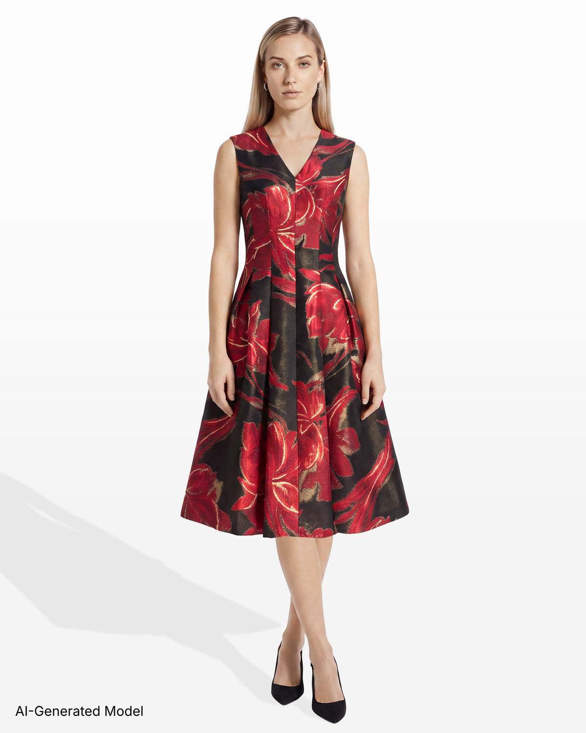 [SKU:12070553-9XO] Floral Jacquard V-Neck Fit & Flare Midi Dress