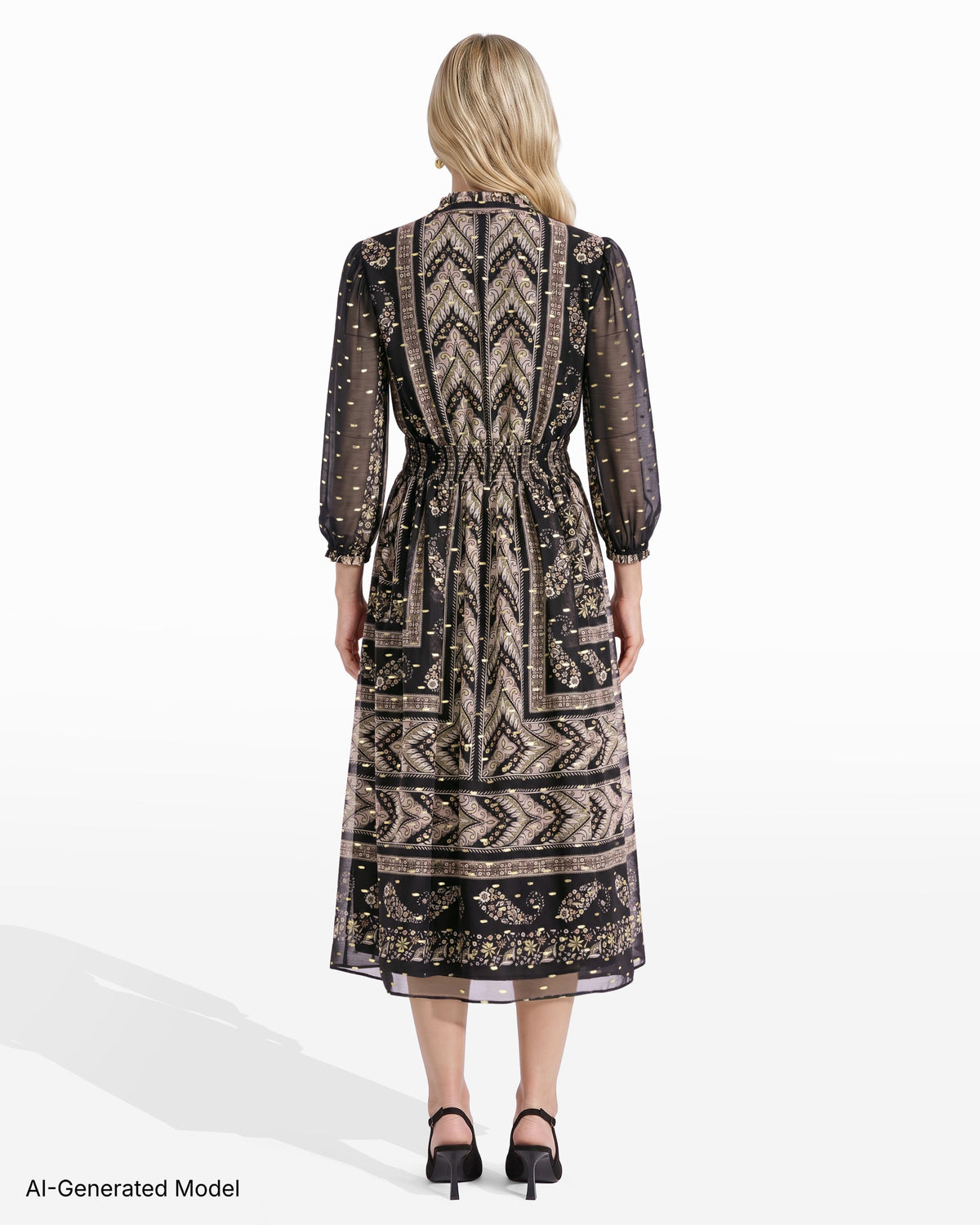 [SKU:12068255-9XO] Foil Print Ruffle Trim Midi Dress