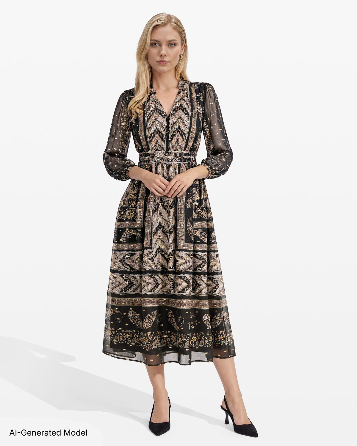 [SKU:12068255-9XO] Foil Print Ruffle Trim Midi Dress