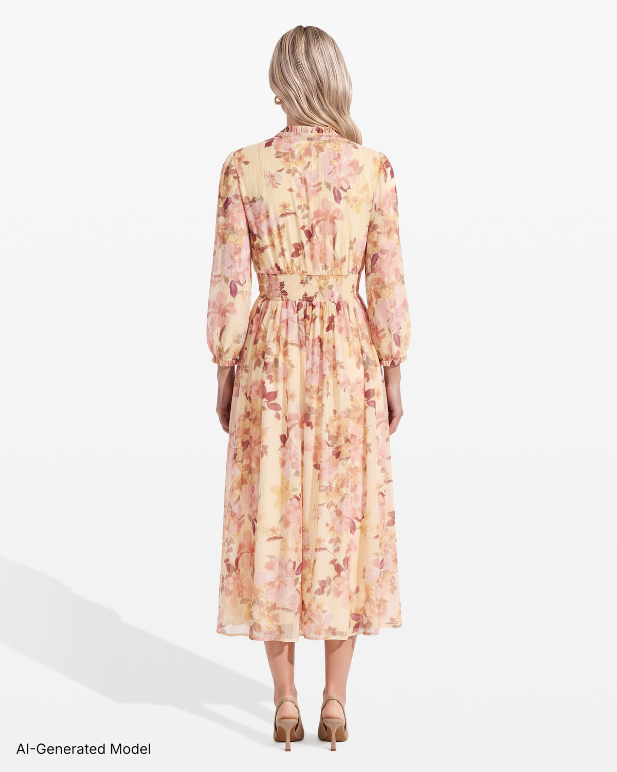 [SKU:12068482-6CV] Smocked Waist V-Neck Midi Dress
