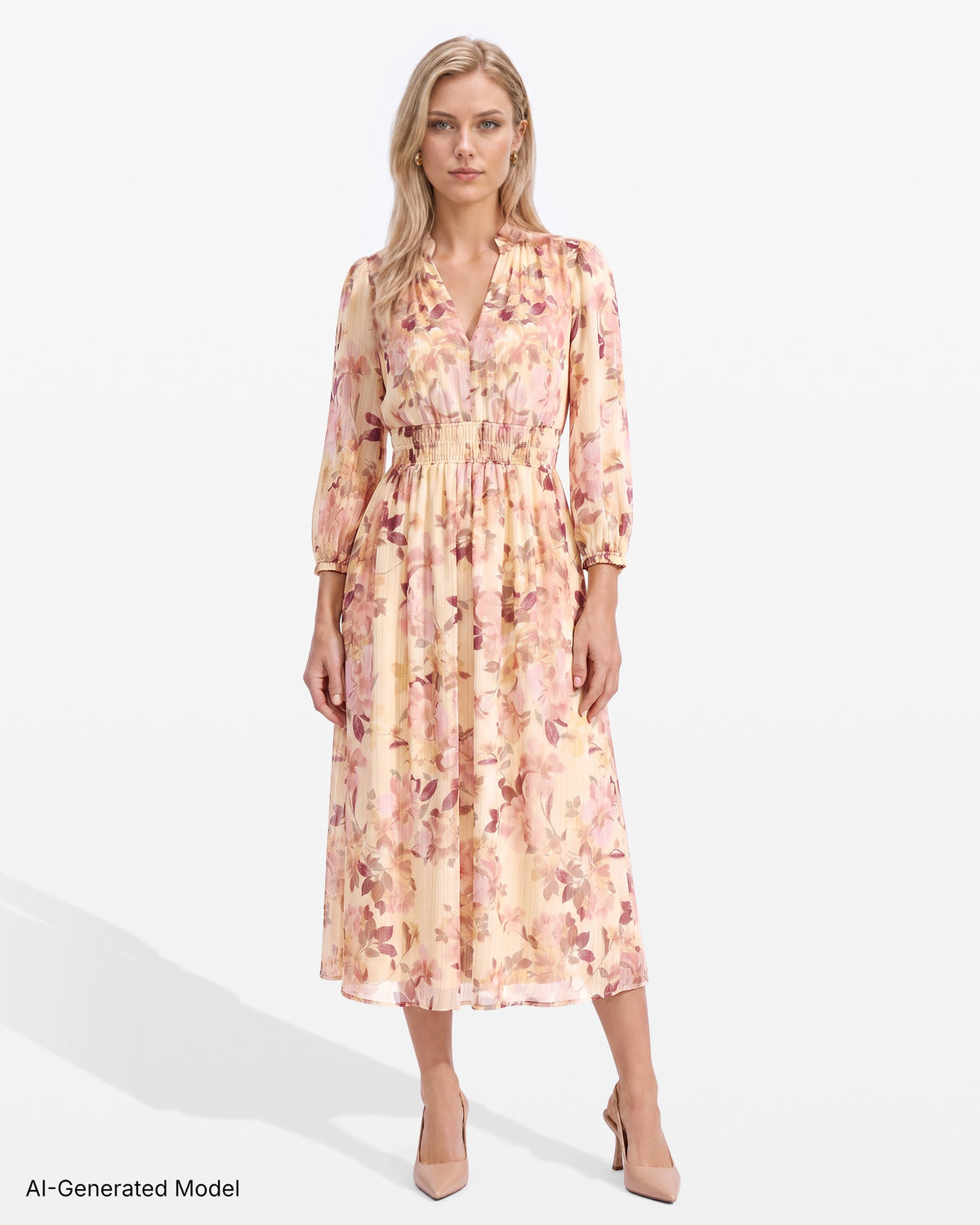 [SKU:12068482-6CV] Smocked Waist V-Neck Midi Dress