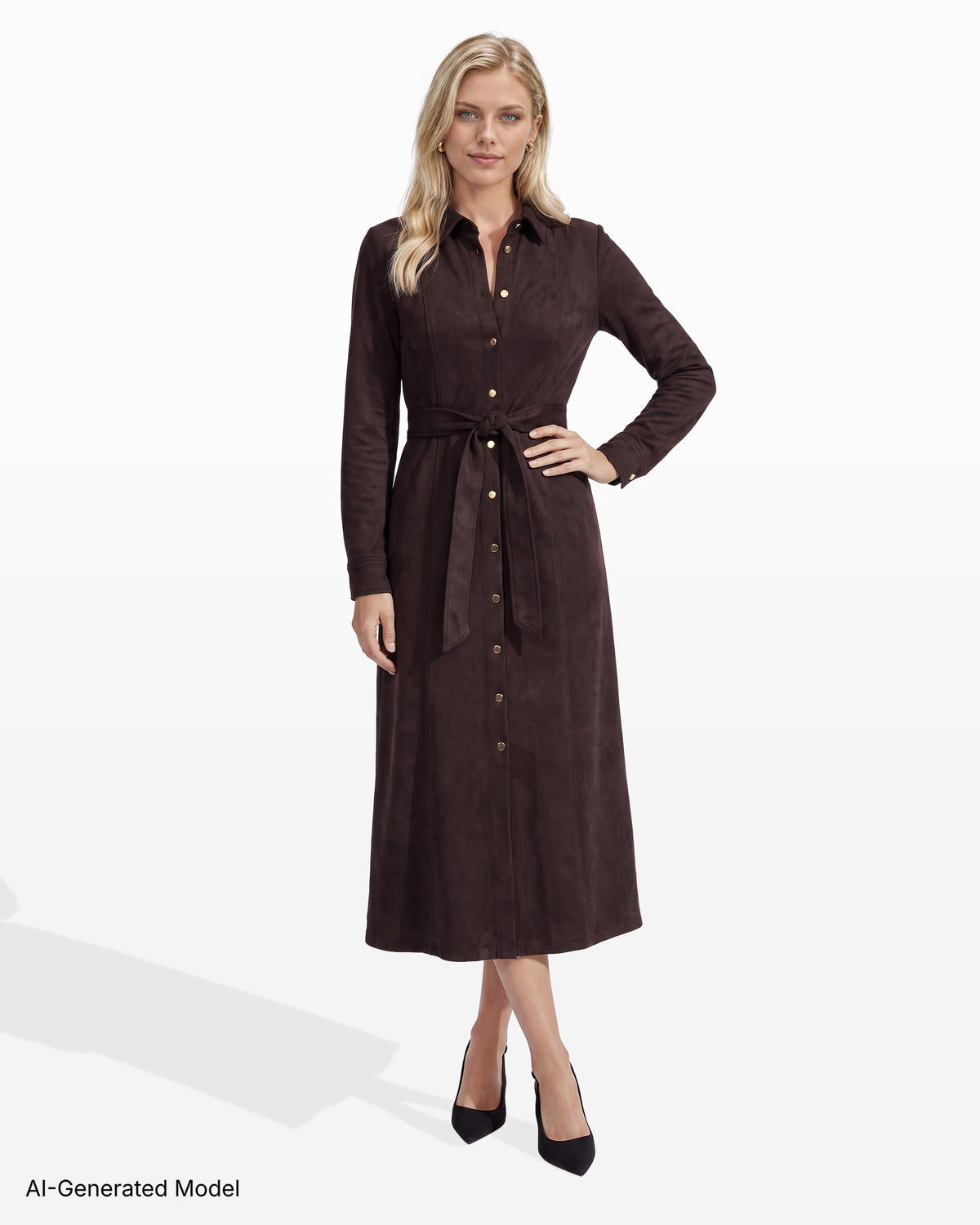 [SKU:12068776-5BJ] Scuba Suede Tie Front Shirt Dress