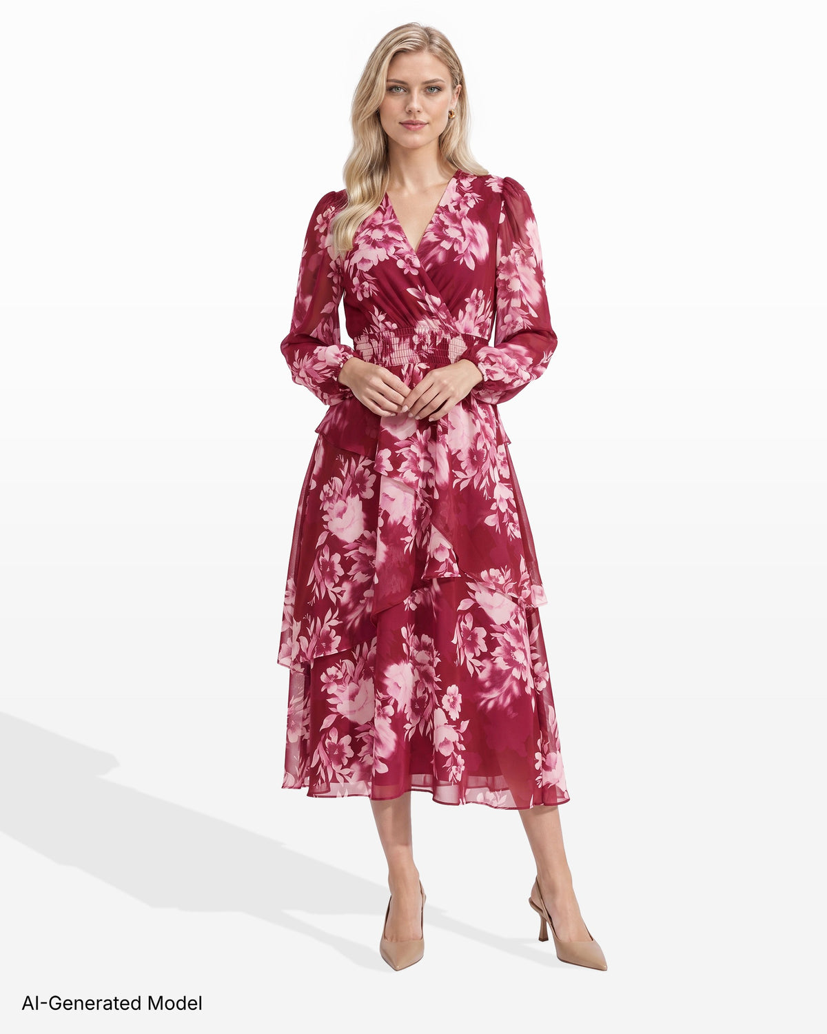 [SKU:12068785-2BK] V-Neck Tiered Ruffle Midi Dress