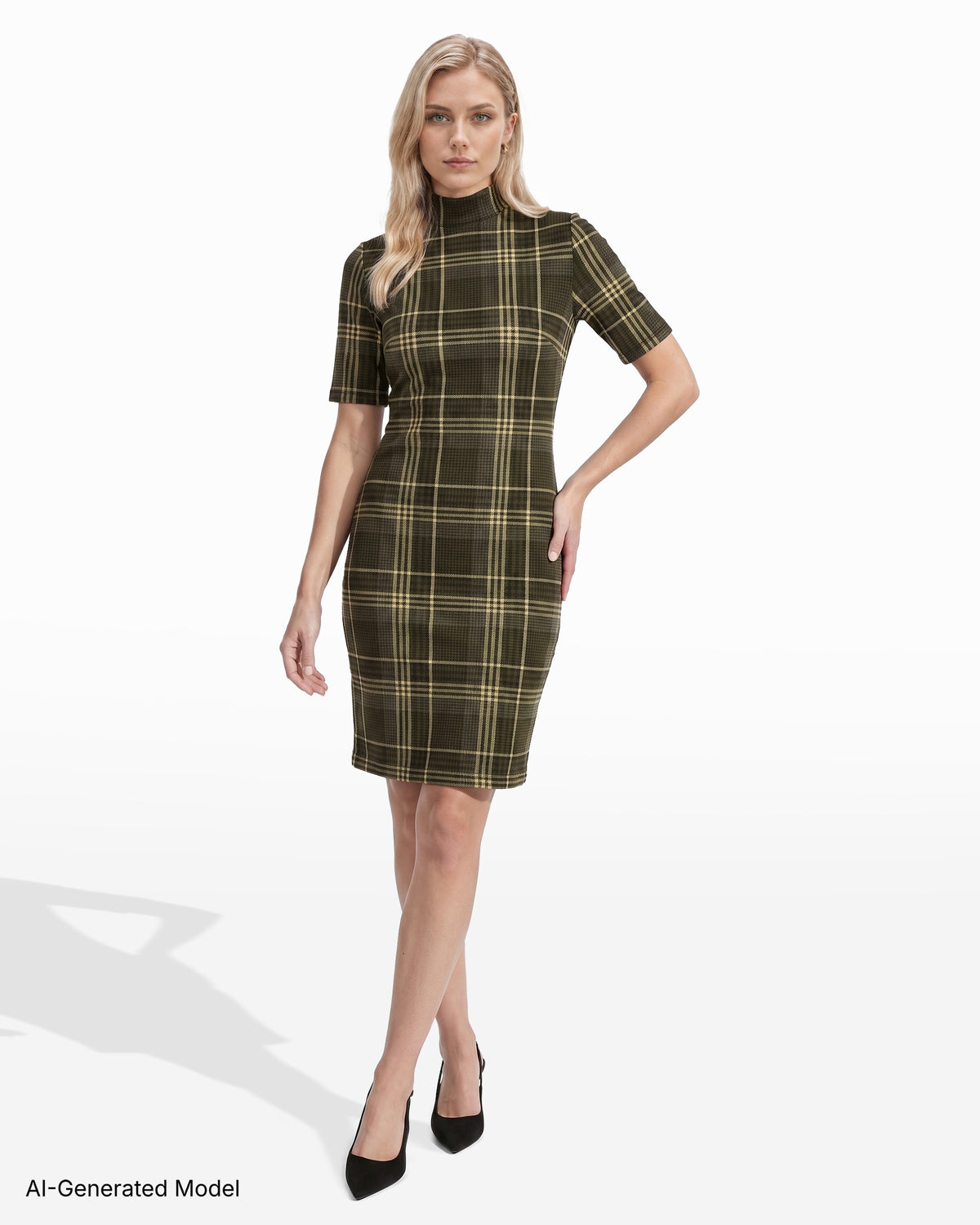 [SKU:12068611-6ZP] Short Sleeve Plaid Sheath Dress