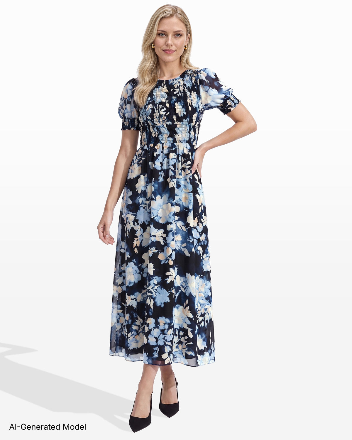 [SKU:12063452-8ZH] Puff Sleeve Smocked Maxi Dress