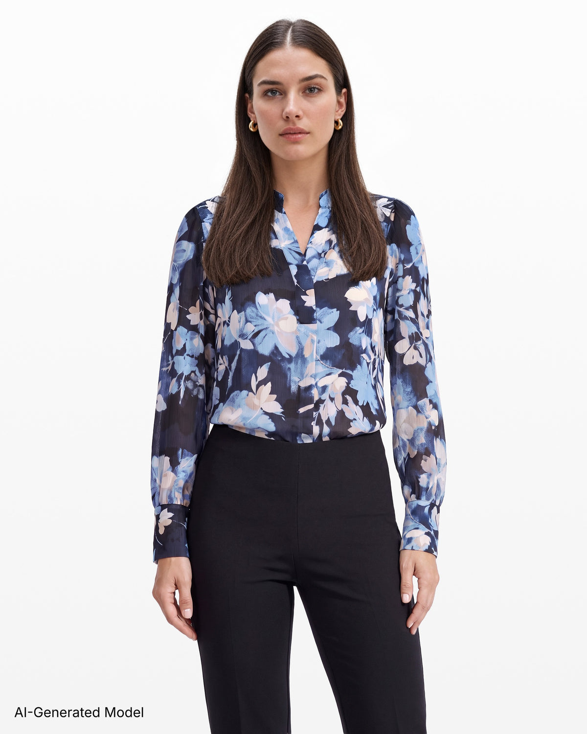 [SKU:12063167-8ZH] Pleat Front Long Sleeve Blouse