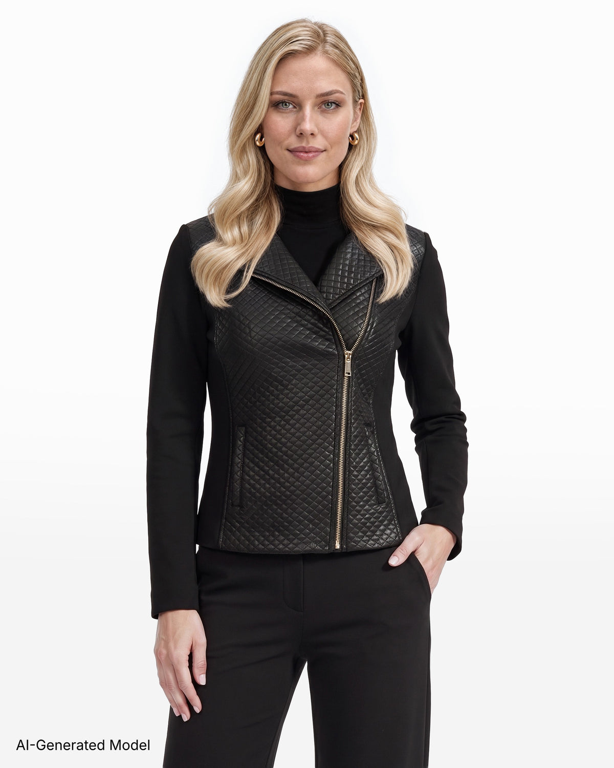 [SKU:12064191-3QK] Asymmetric Moto Jacket with Combo Detail