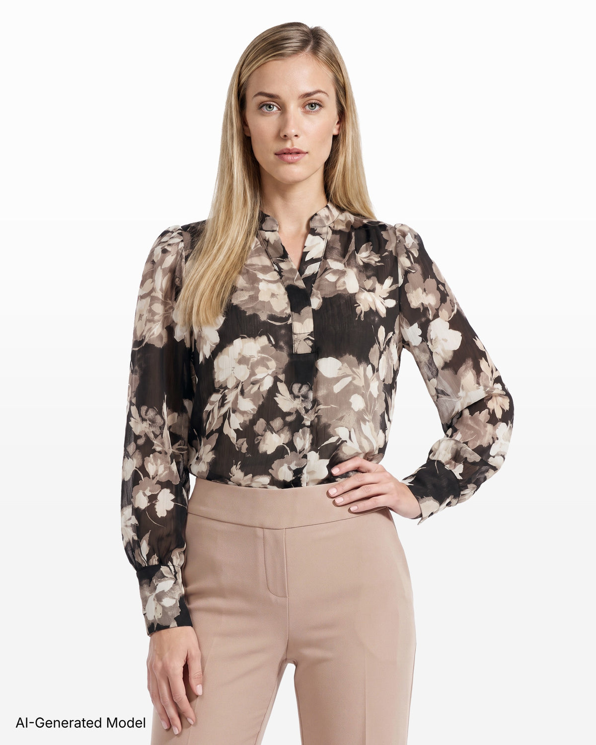[SKU:12063167-4VP] Pleat Front Long Sleeve Blouse