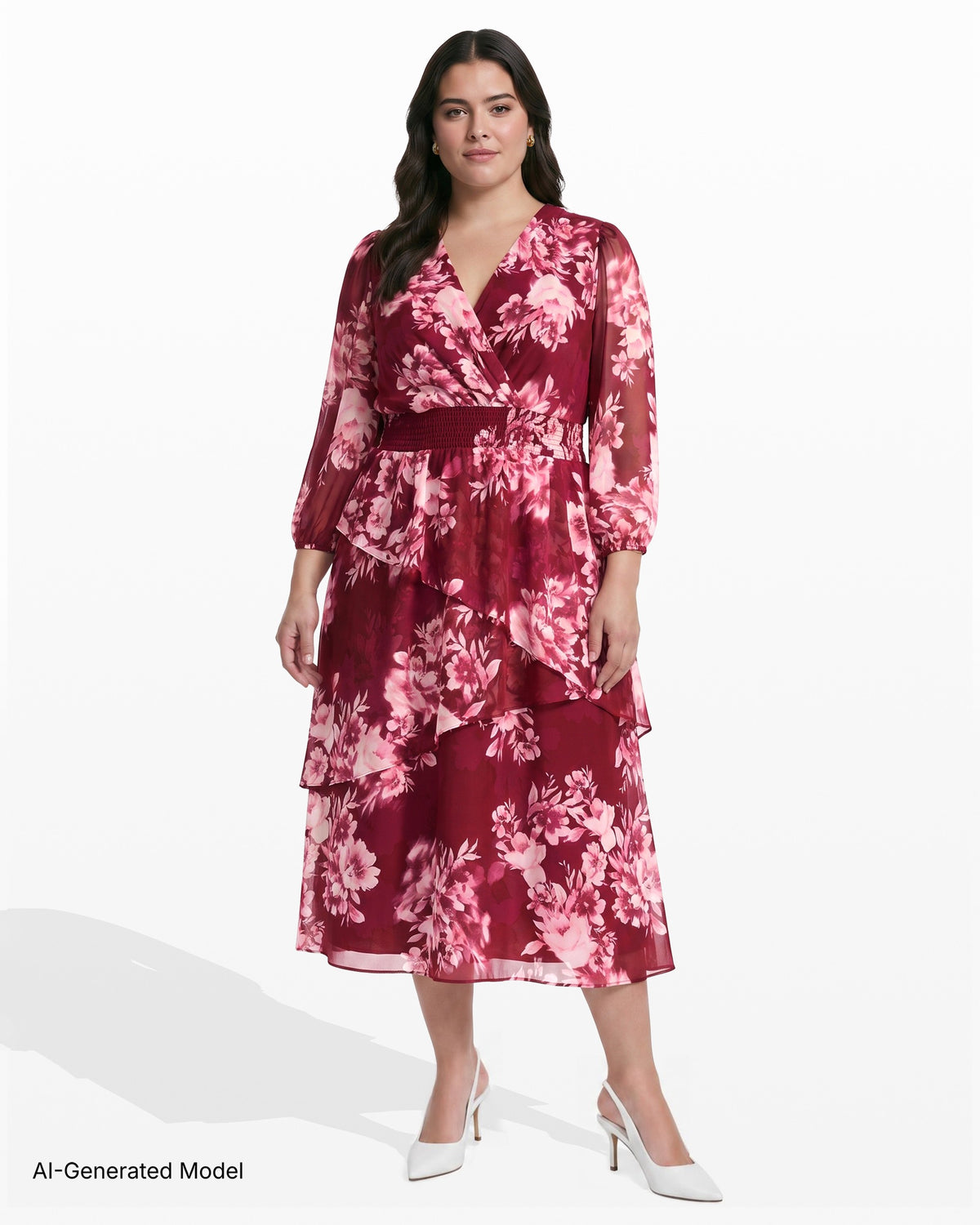 [SKU:12069758-2BK] Plus Size Tiered V-Neck Midi Dress