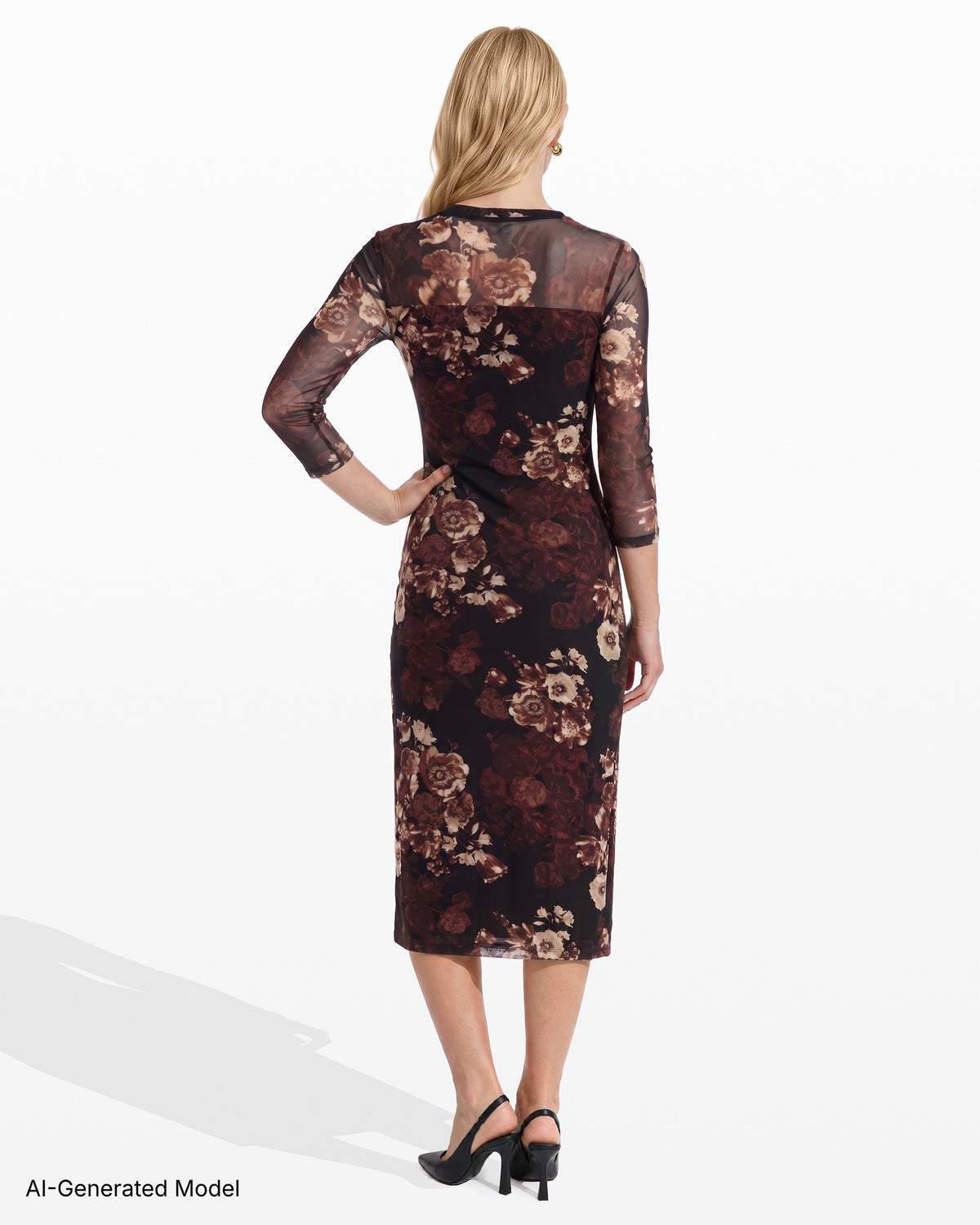 [SKU:12068479-Z26] Printed Mesh Long Sleeve Midi Dress