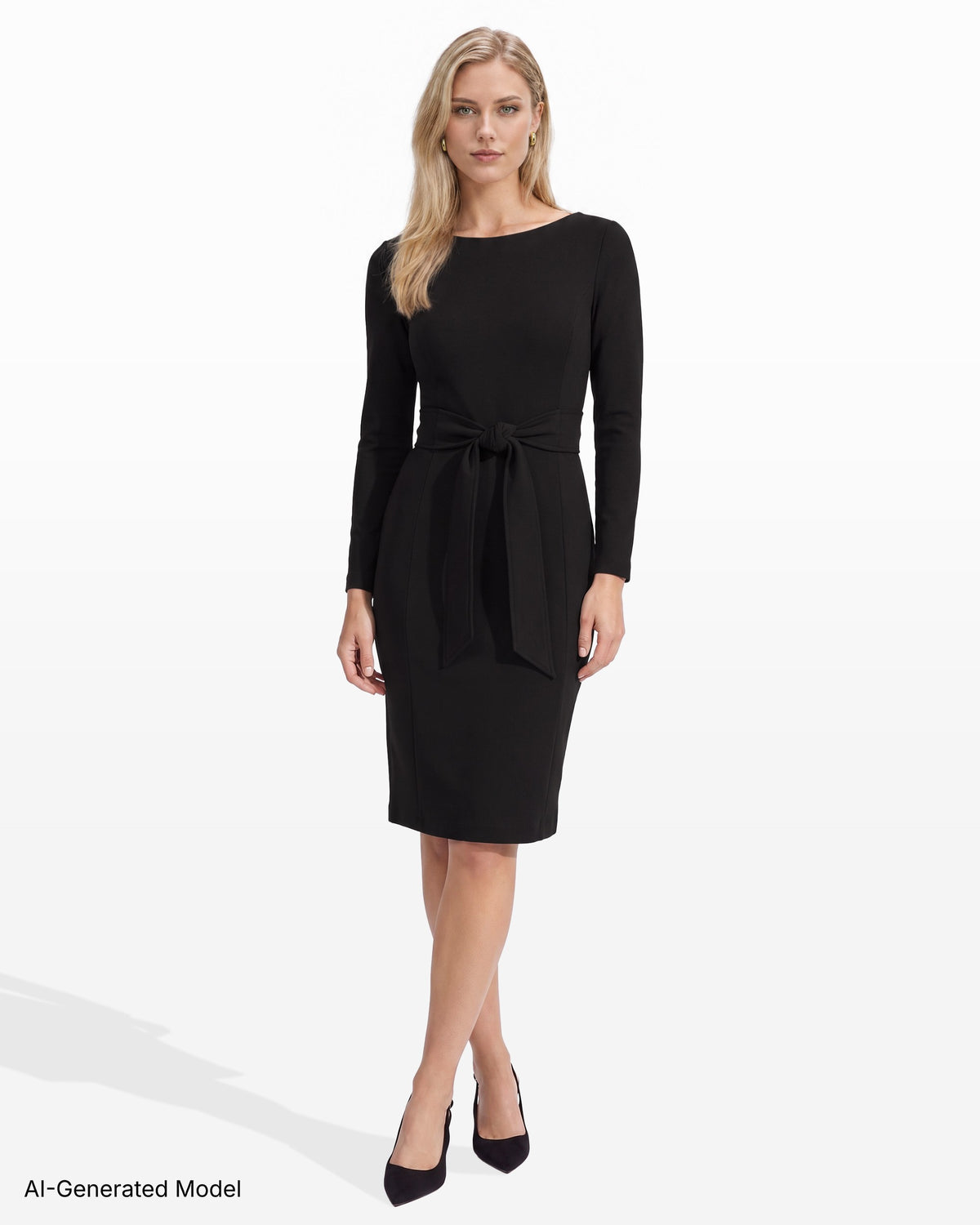[SKU:12068641-3QK] Tie Waist Long Sleeve Sheath Dress