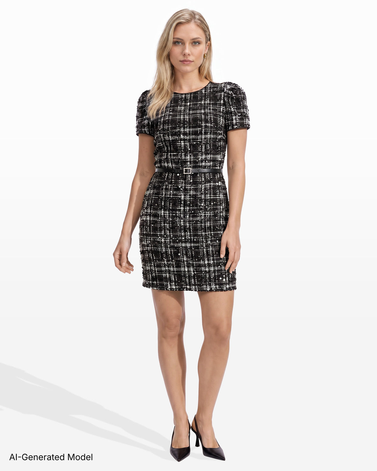 [SKU:12068605-GL3] Sequin Tweed Belted Dress