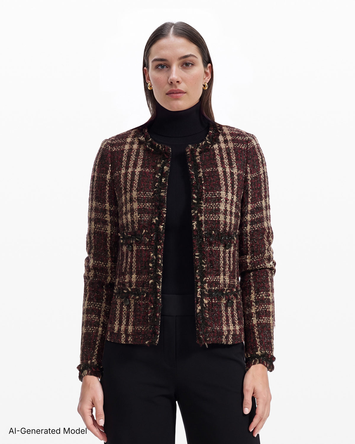 [SKU:12067477-0PJ] Fringe-Trim Tweed Jacket