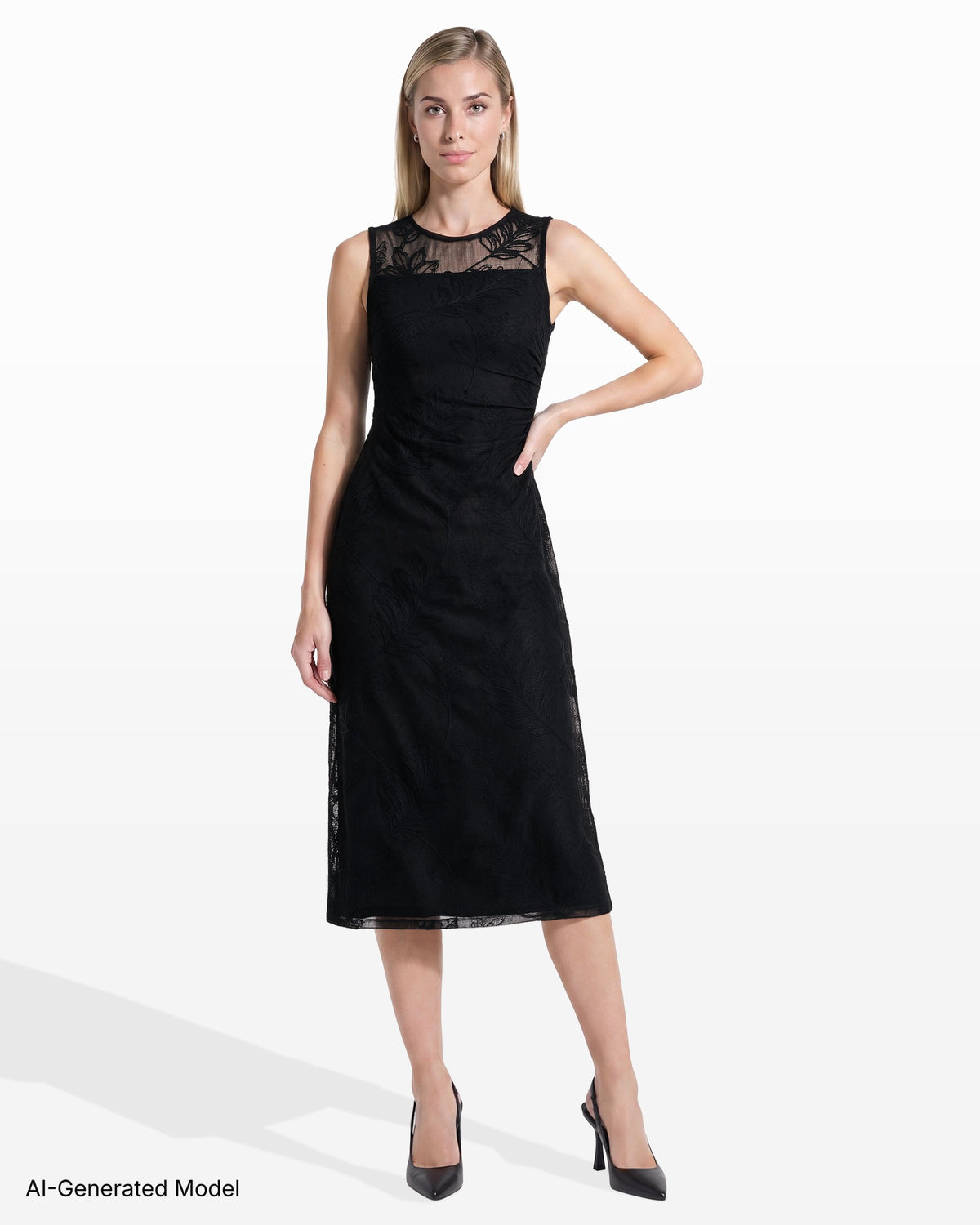 [SKU:12061660-3QK] Sleeveless Mesh Neck Midi Dress