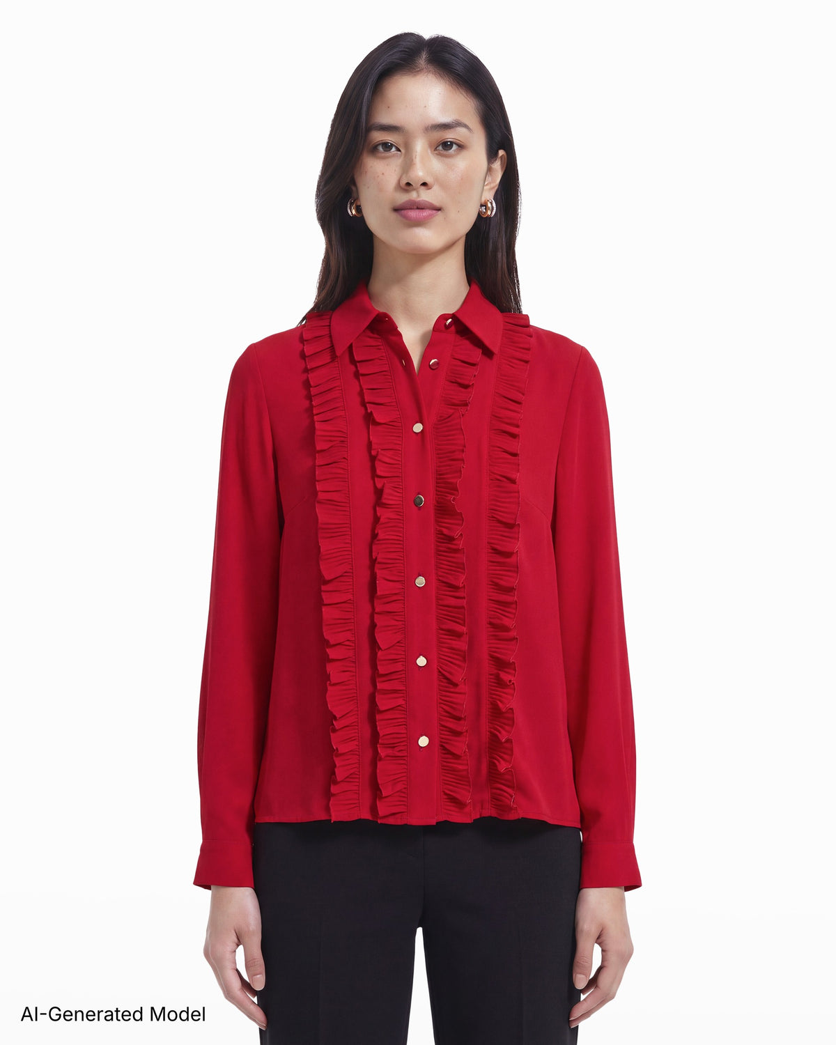 [SKU:12071168-4RK] Long Sleeve Button-Front Blouse with Body Ruffles