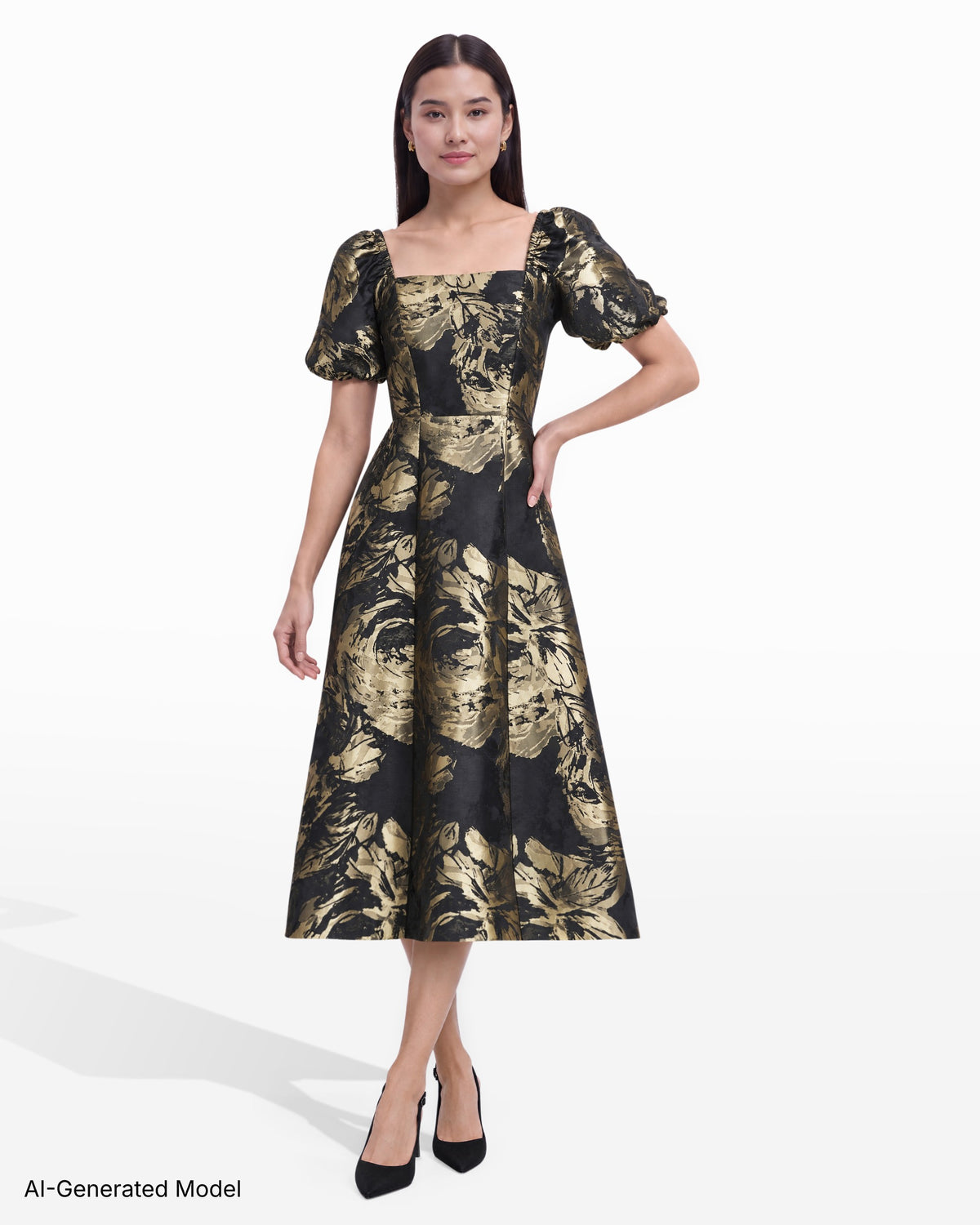 [SKU:12070598-7CM] Square Neck Puff Sleeve Two-Tone Lurex Jacquard Midi Dress