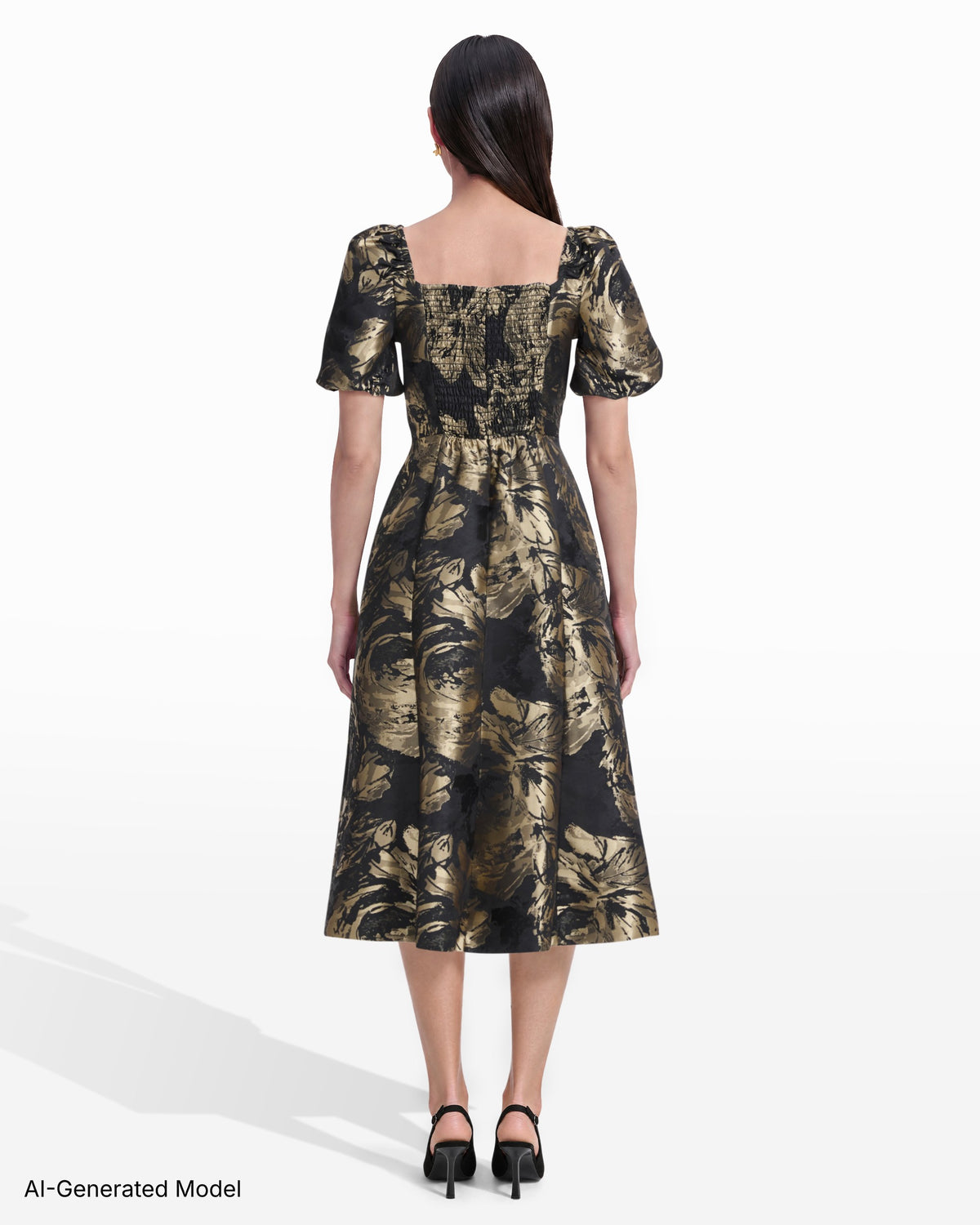 [SKU:12070598-7CM] Square Neck Puff Sleeve Two-Tone Lurex Jacquard Midi Dress