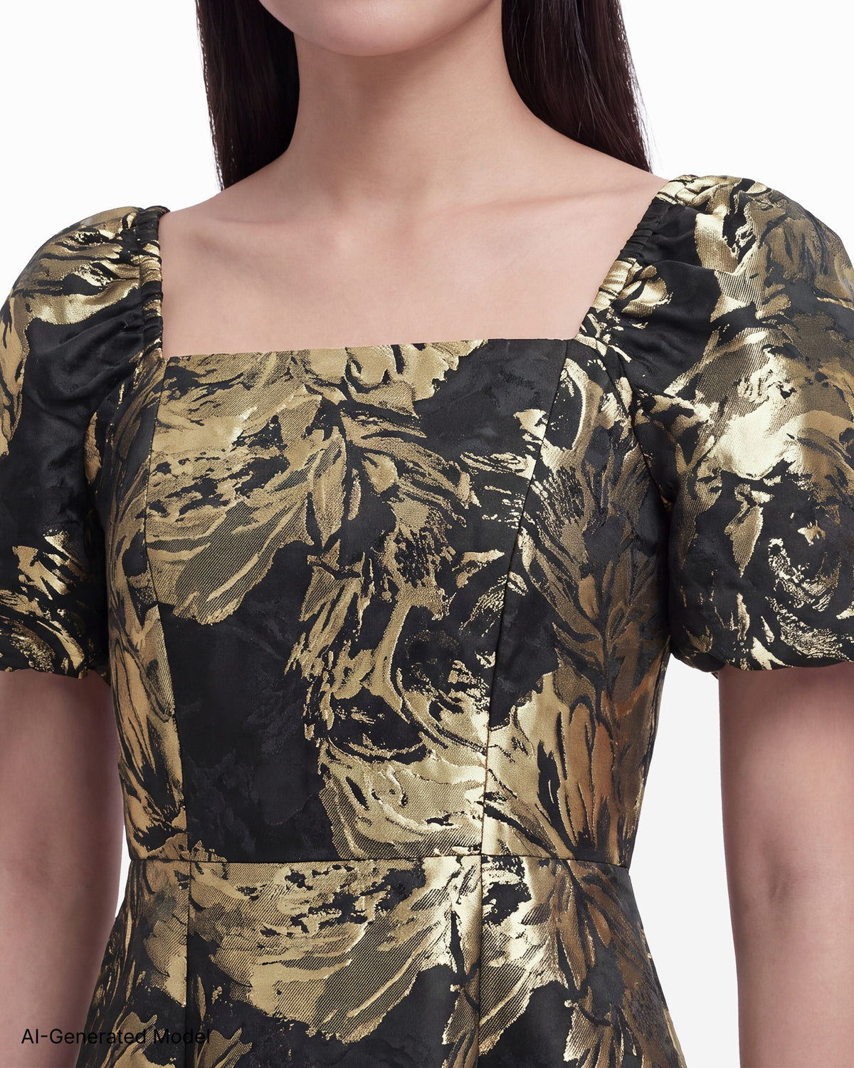[SKU:12070598-7CM] Square Neck Puff Sleeve Two-Tone Lurex Jacquard Midi Dress
