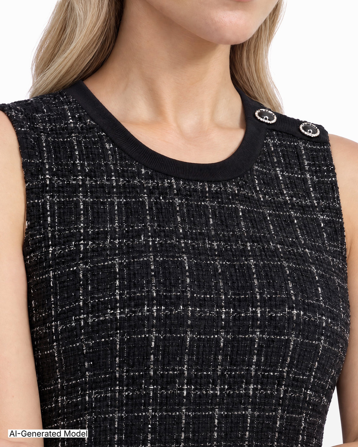 [SKU:12071088-3QK] Tweed Texture Stitch Sleeveless Boat Neck Dress