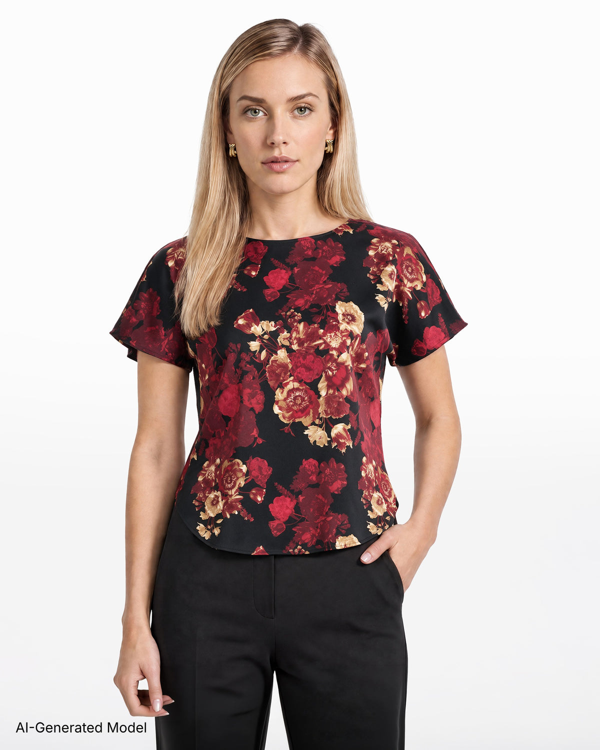 [SKU:12071256-610] Short Sleeve Bateau Neck Woven Blouse