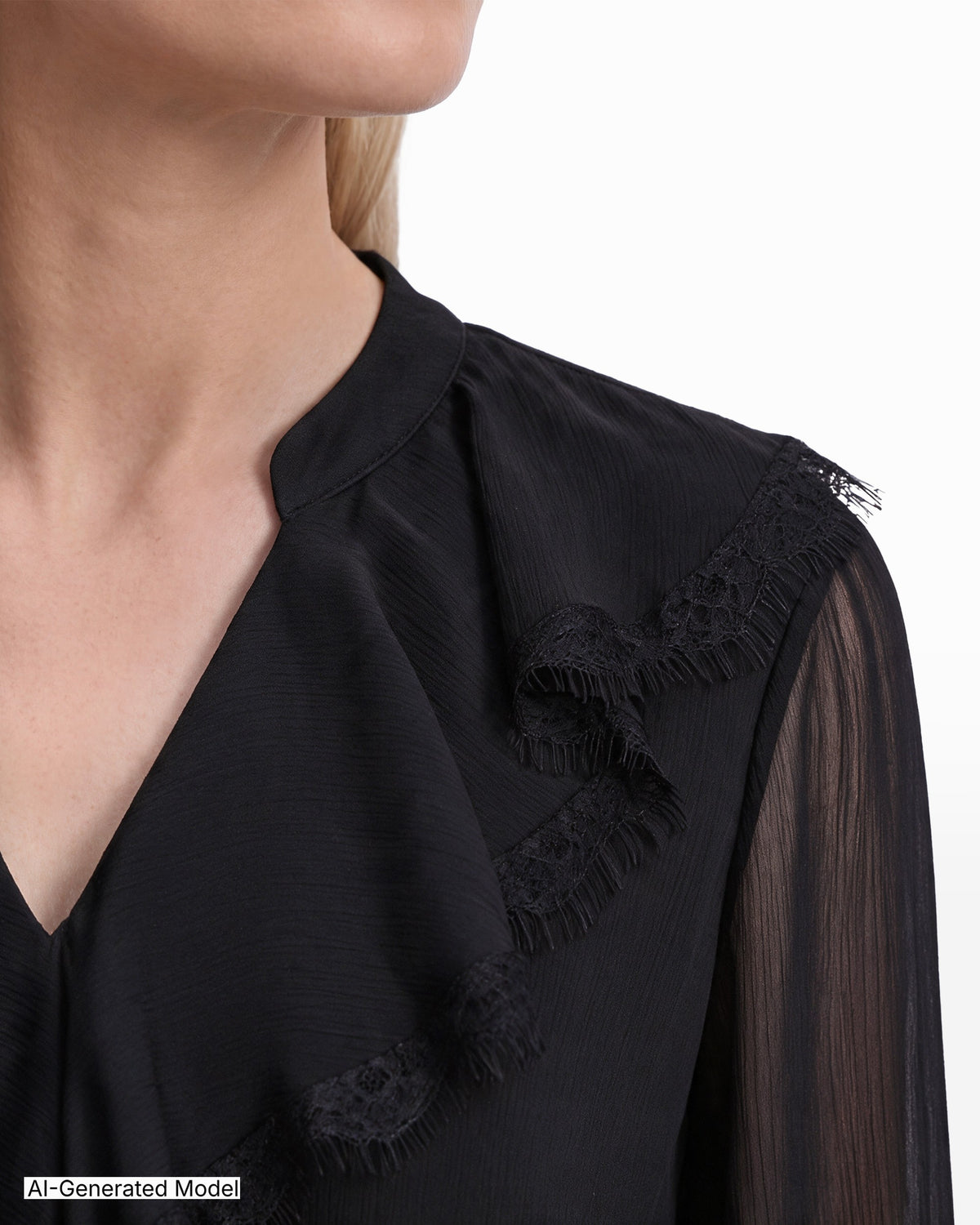 [SKU:12071213-3QK] Ruffle Neck Long Sleeve Solid Yoryu Chiffon Blouse