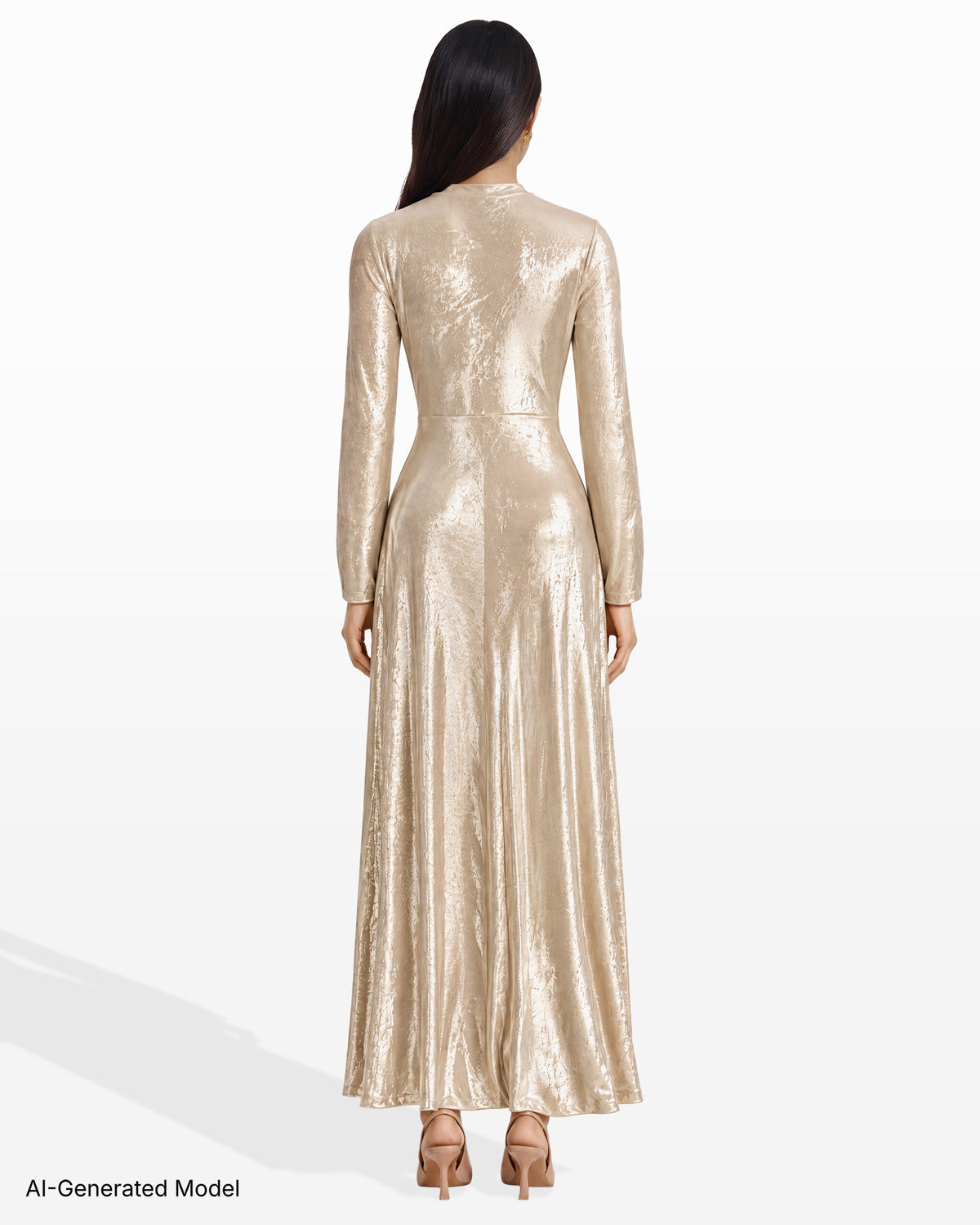 [SKU:12070592-458] Foil Jersey Twist Front Long Sleeve Maxi Dress