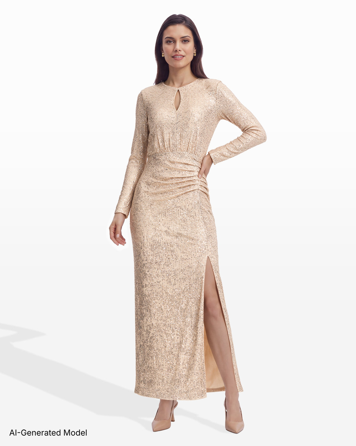 [SKU:12070556-458] Long Sleeve Keyhole Midi Dress in Linear Sequin Mesh