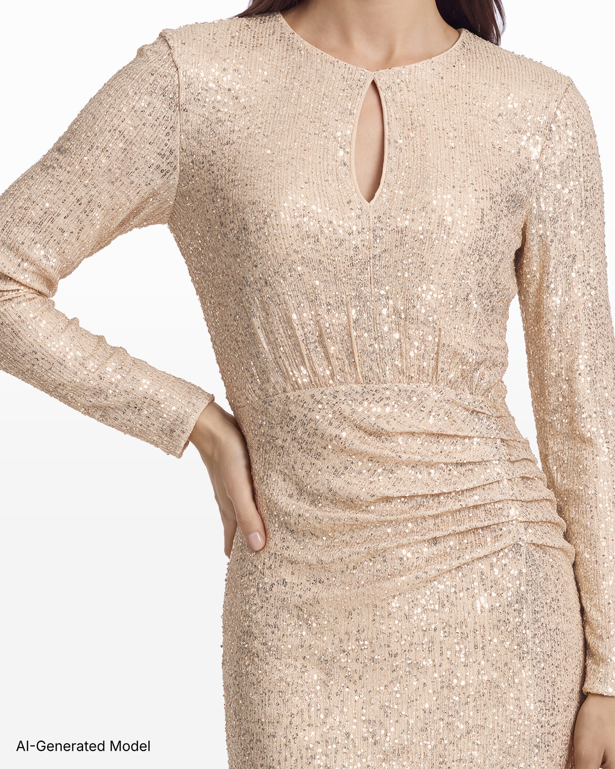 [SKU:12070556-458] Long Sleeve Keyhole Midi Dress in Linear Sequin Mesh