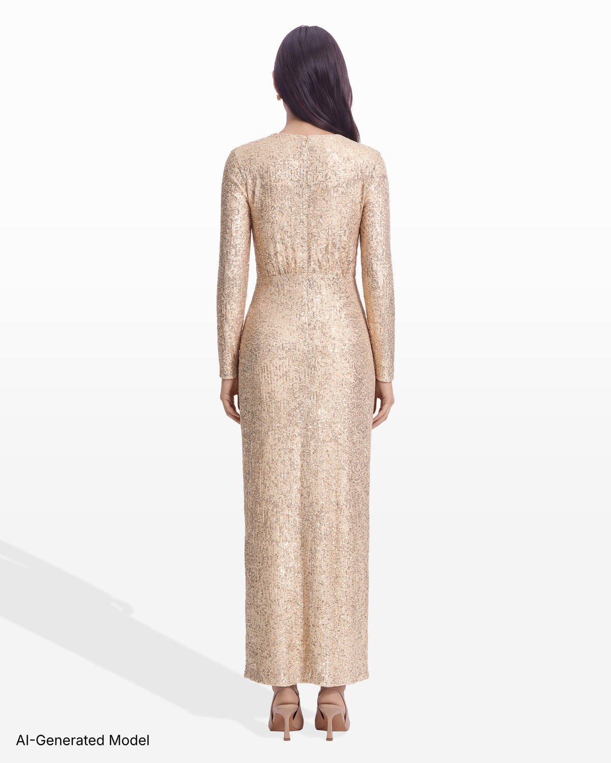 [SKU:12070556-458] Long Sleeve Keyhole Midi Dress in Linear Sequin Mesh