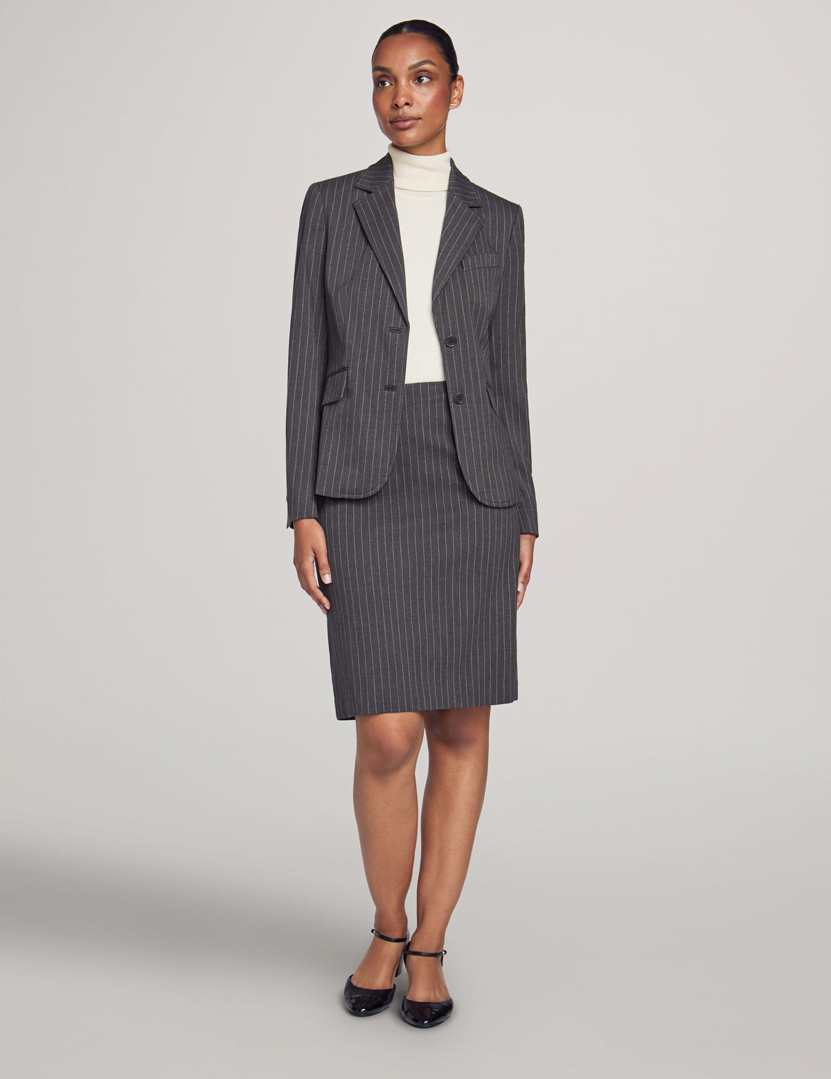 Anne Klein Charcoal/Bright White Executive Collection Pinstripe Two Button Jacket With Pant and Skirt- Sale