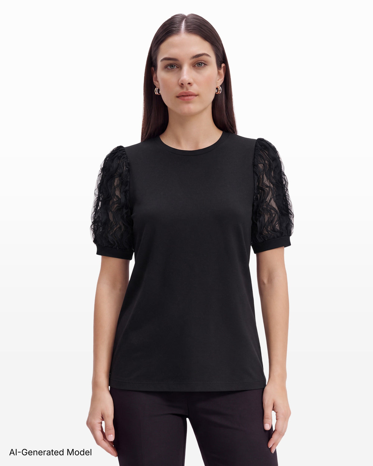 [SKU:12070157-3QK] Elbow Sleeve Crew Neck Combo Sleeve Knit Top