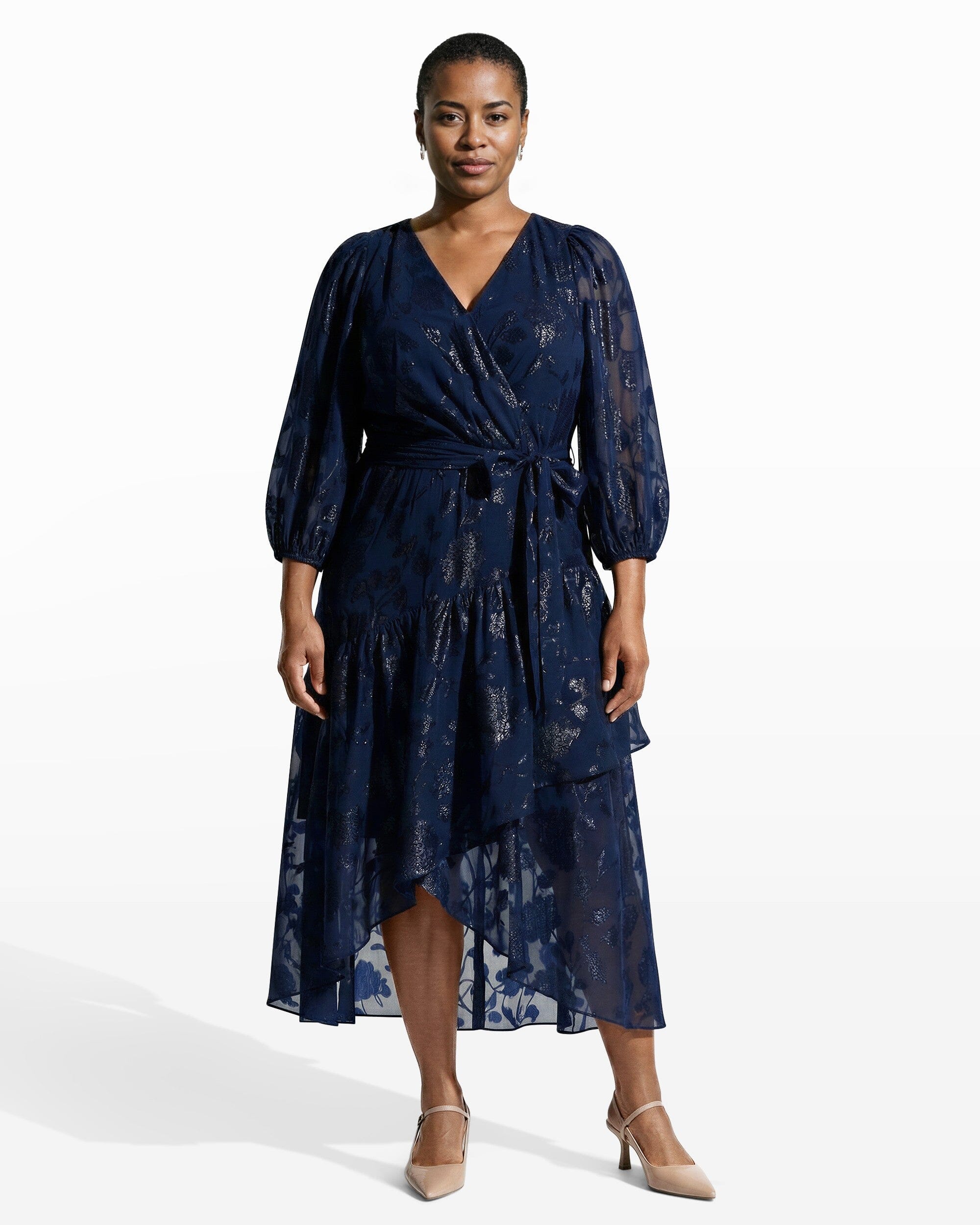 Anne Klein Long Sleeve Sheer Floral Wrap Dress