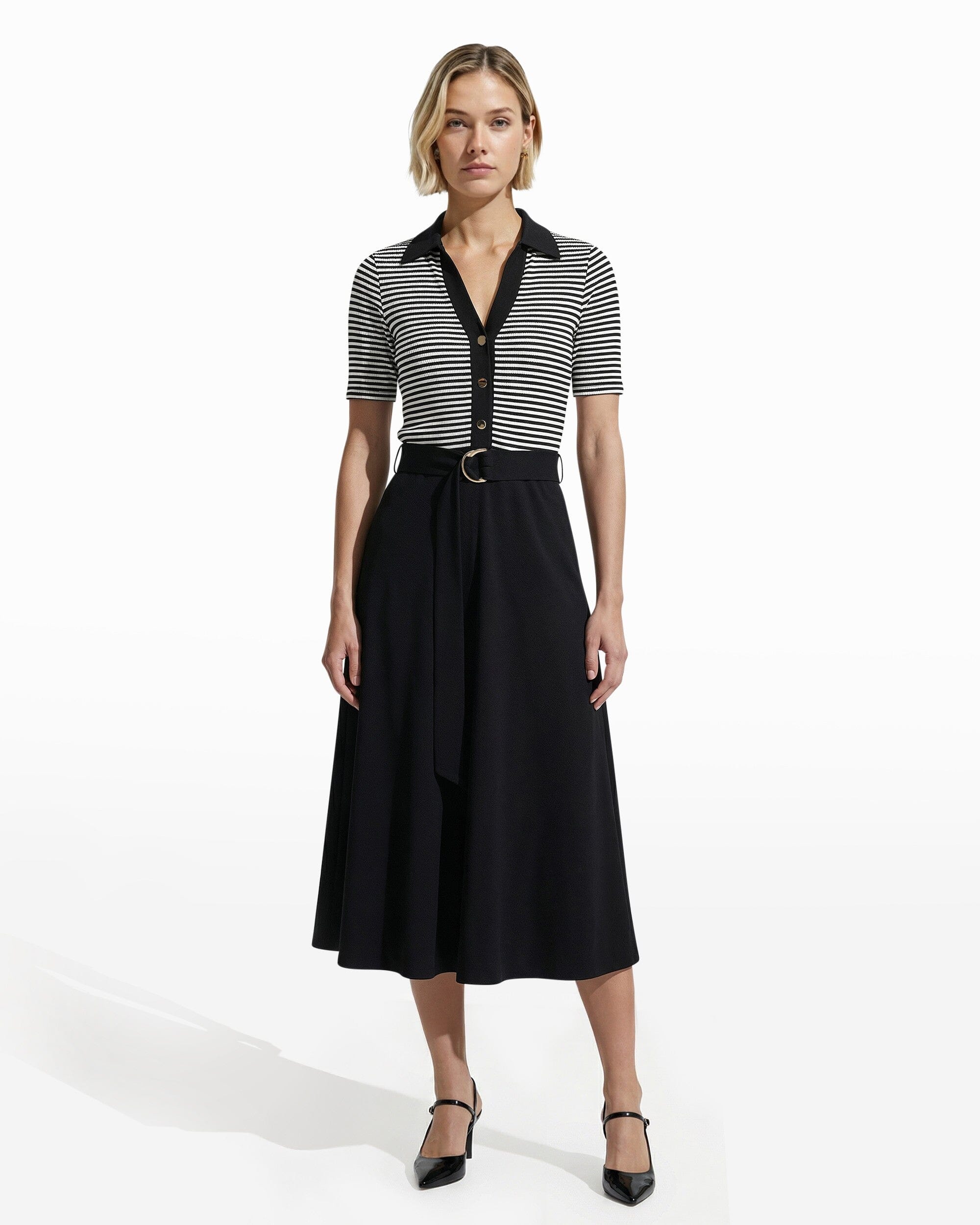 Anne Klein Anne Black/White Dove Collared Combo Midi A Line Midi Dress