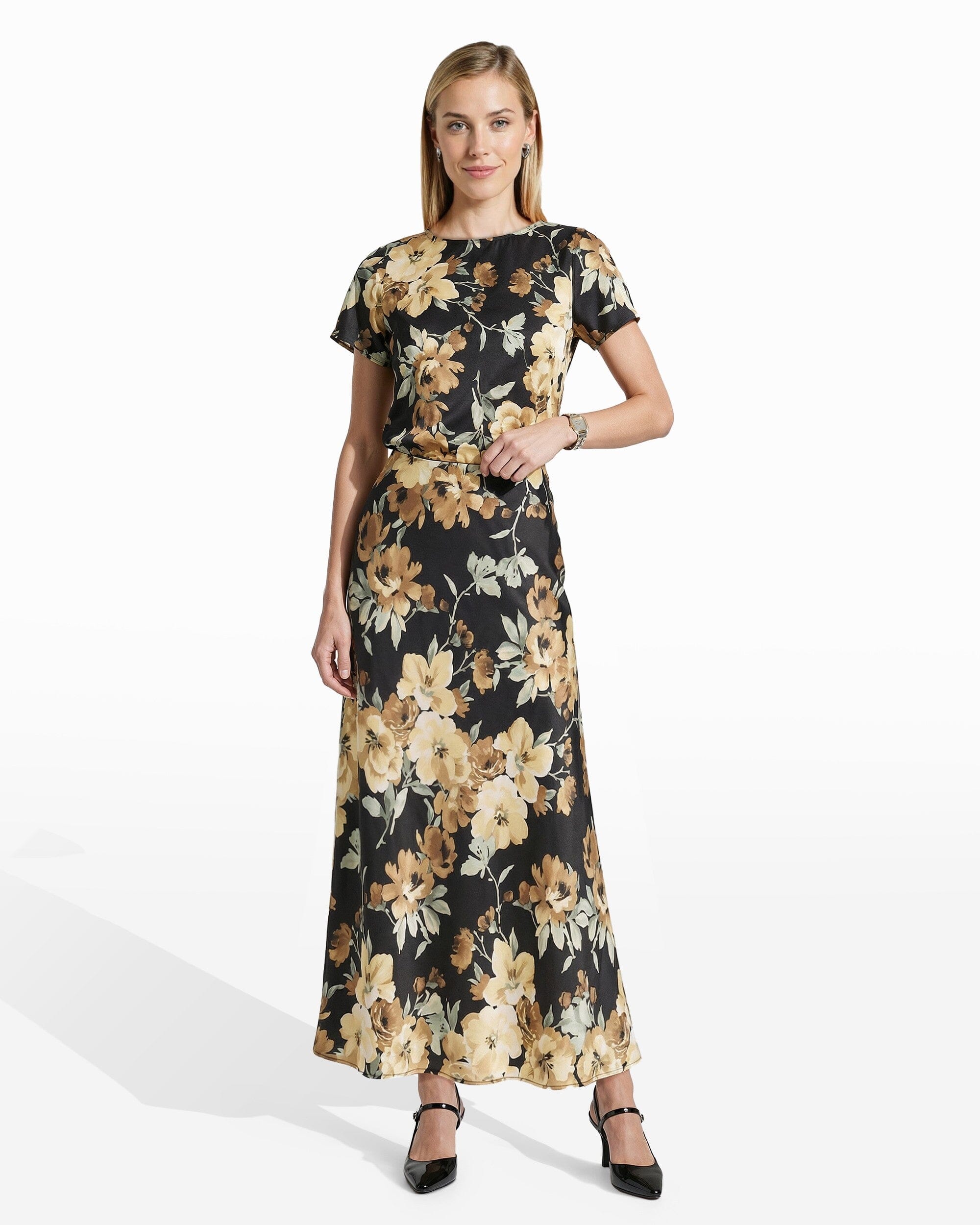 Anne Klein Bias Flared Floral Skirt Unlined