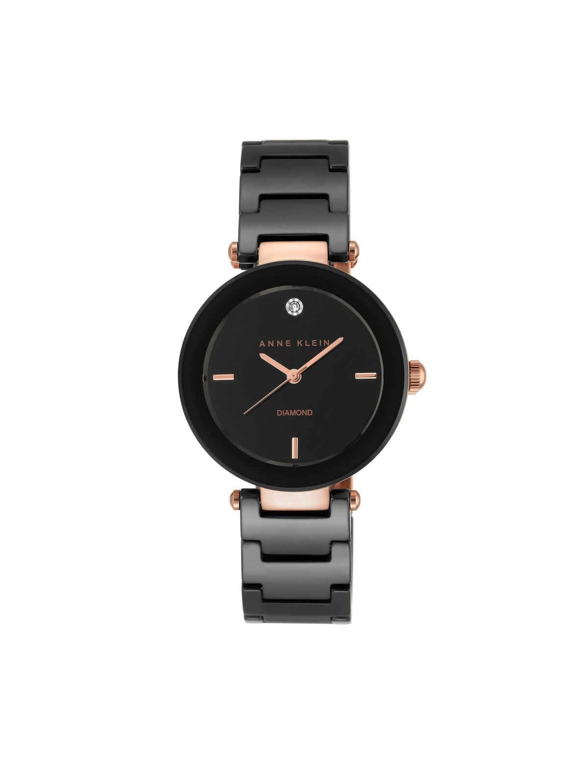 Anne Klein Black/Rose-Tone Ceramic Bracelet Watch with Diamond Accents
