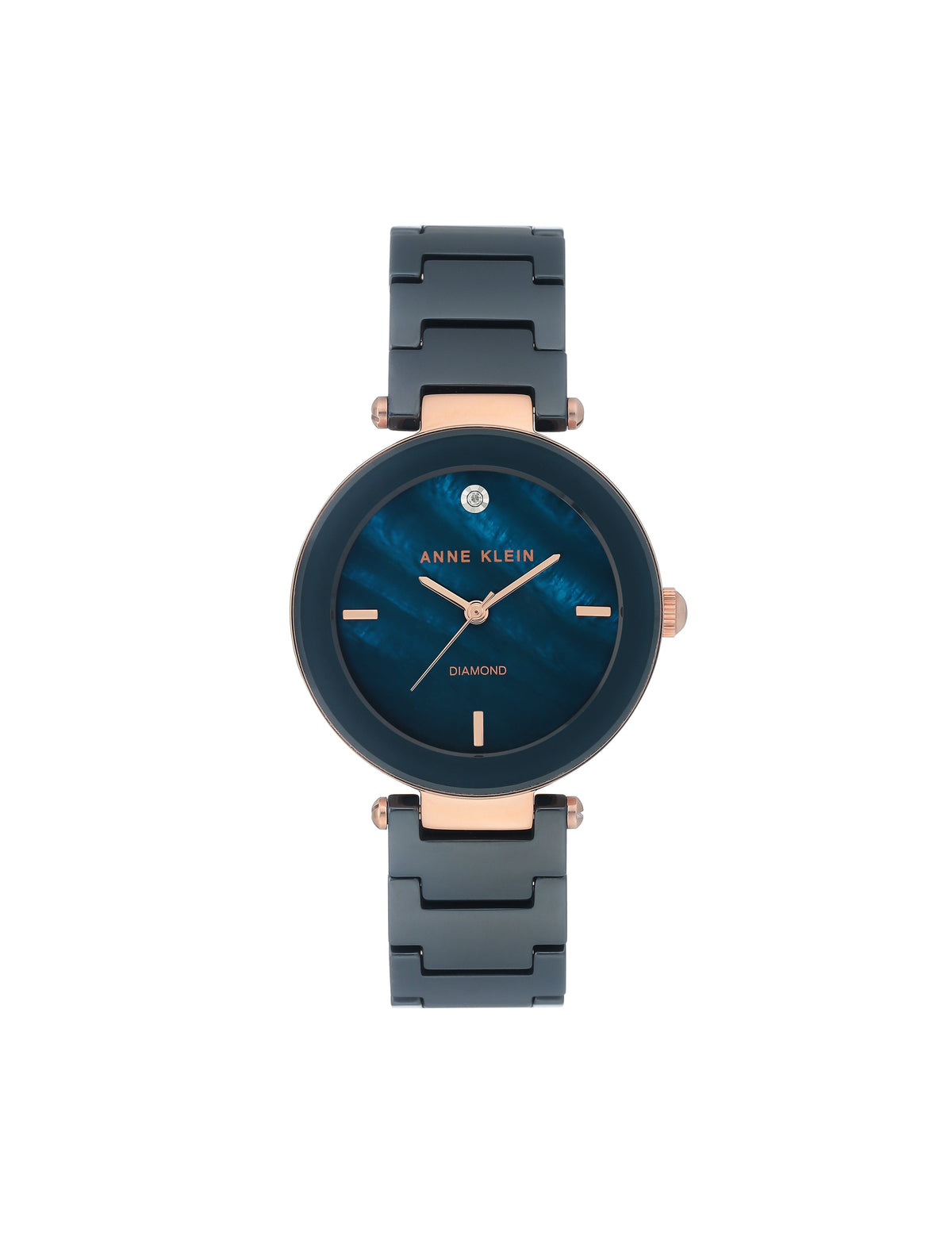 Anne Klein Navy/Rose-Tone Ceramic Bracelet Watch with Diamond Accents