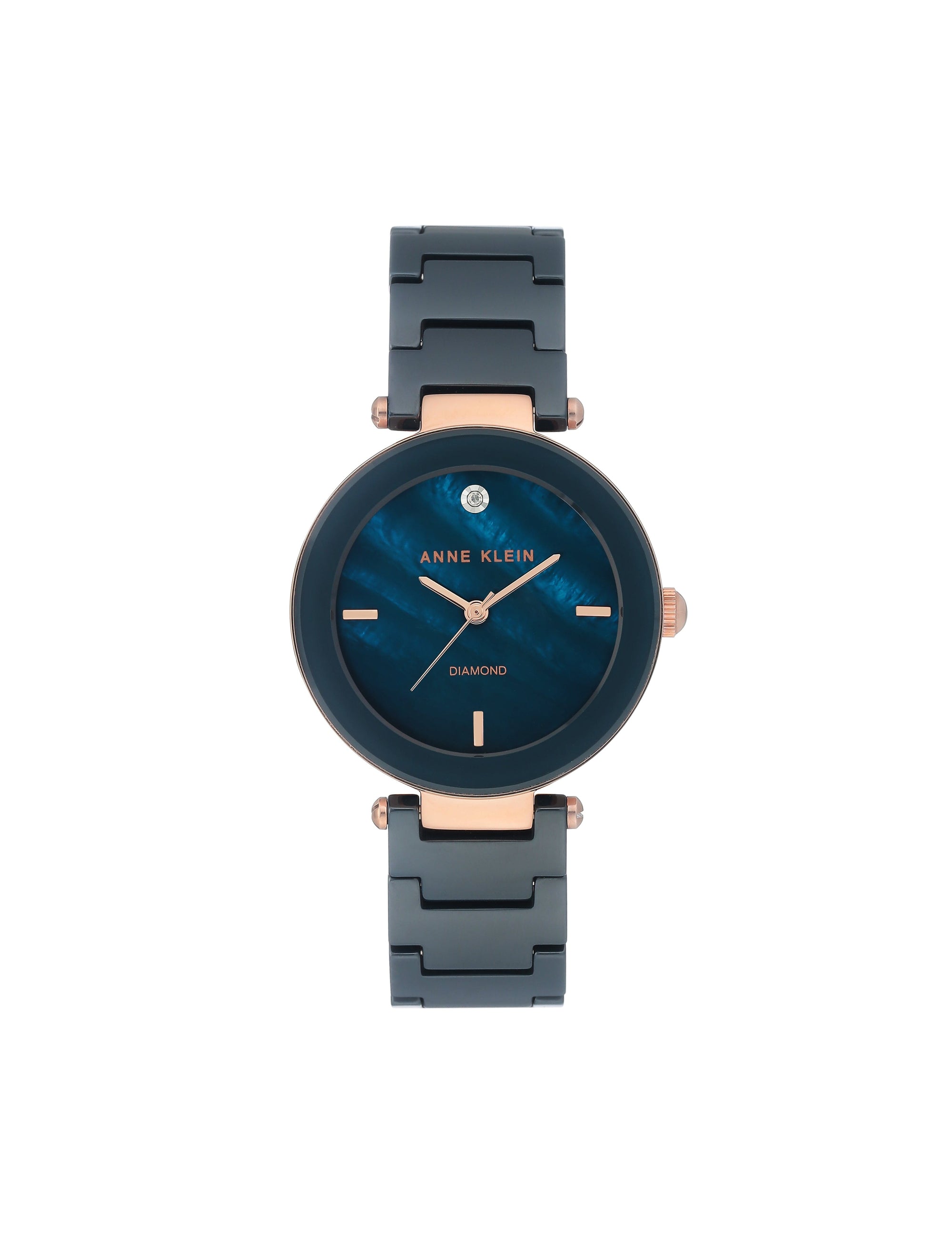 Anne Klein Navy/Rose Gold-Tone Ceramic Bracelet Watch with Diamond Accents