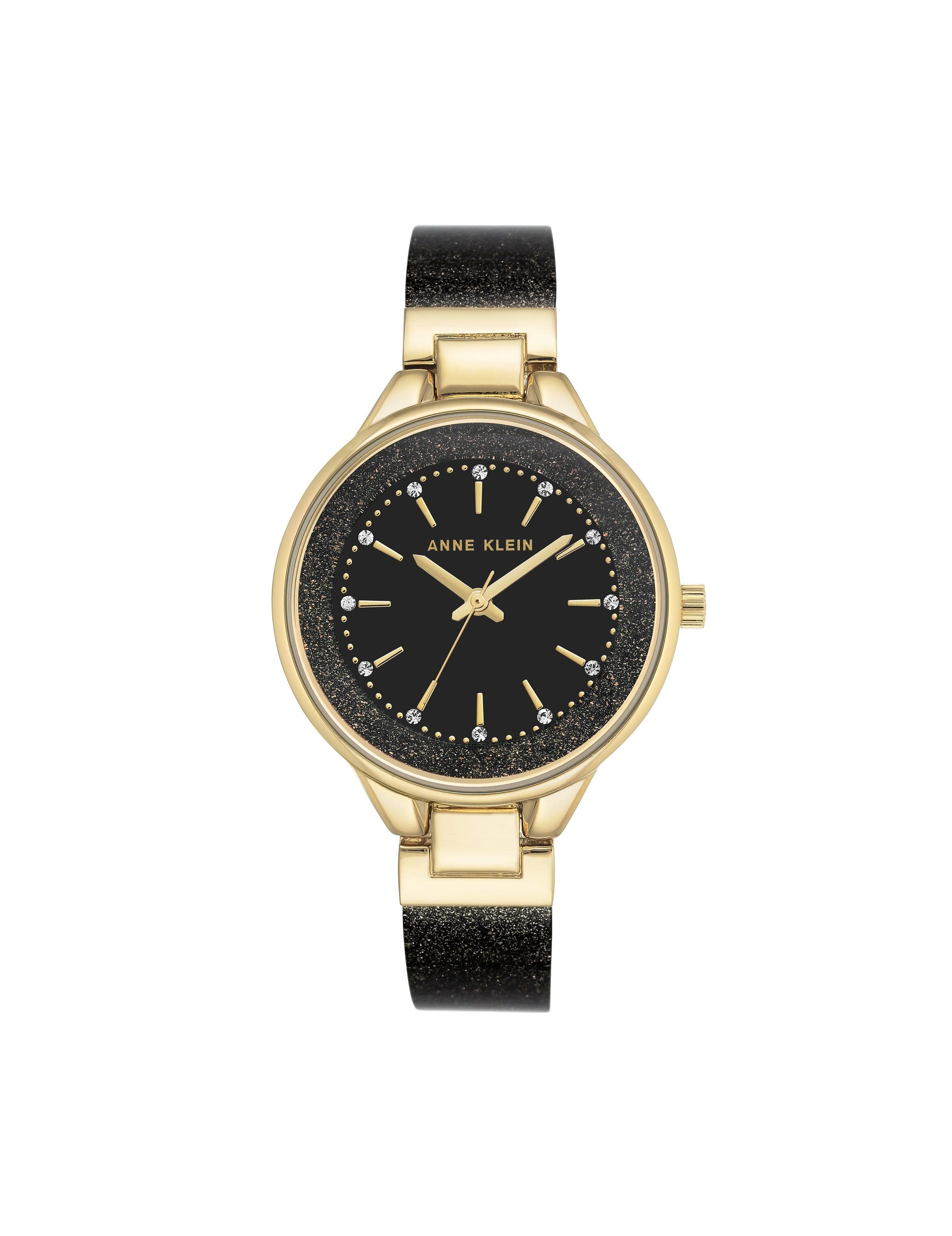 Anne Klein Black/Gold-Tone Glitter Resin Bangle Wristwatch