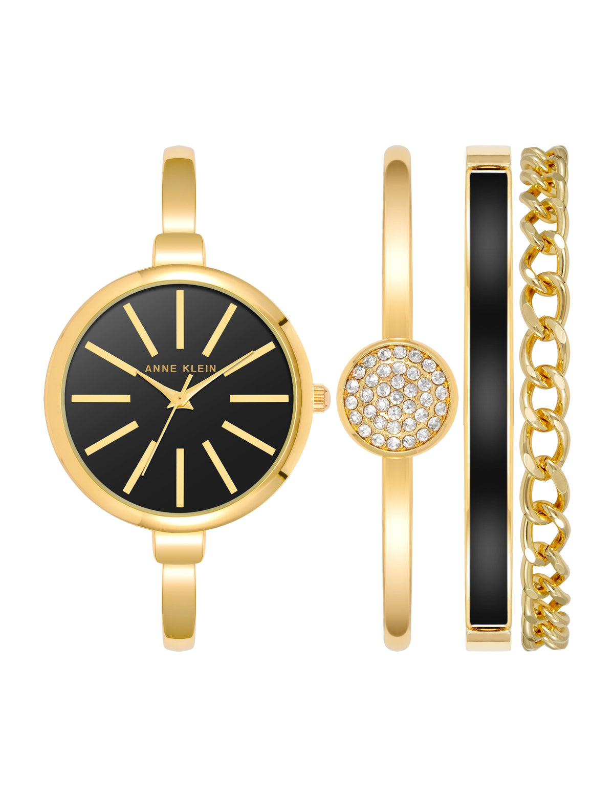 Anne Klein Gold-Tone/Black Layered Watch and Bracelet Jewelry Set