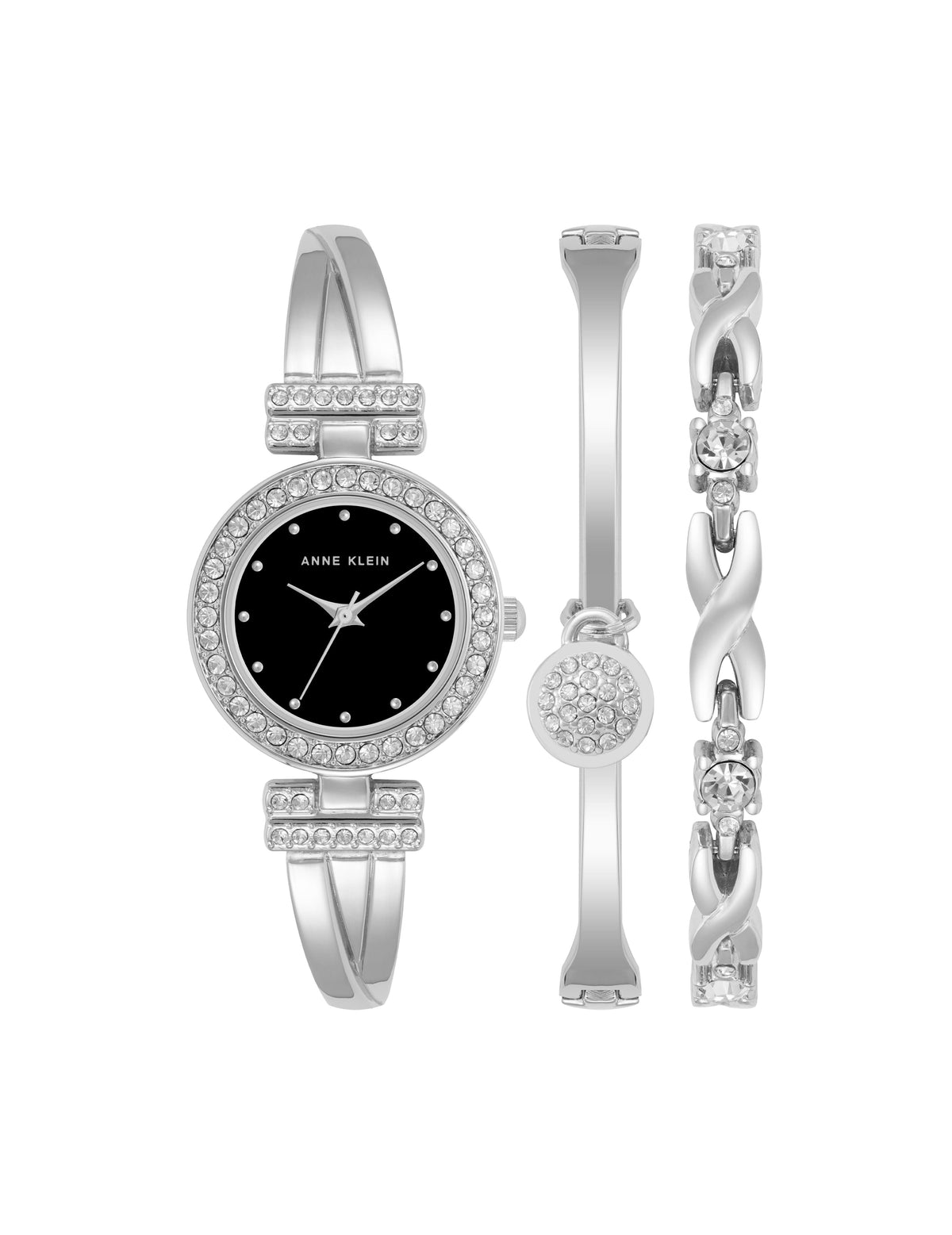 Anne Klein Black/Silver-Tone Watch and Bracelet Set