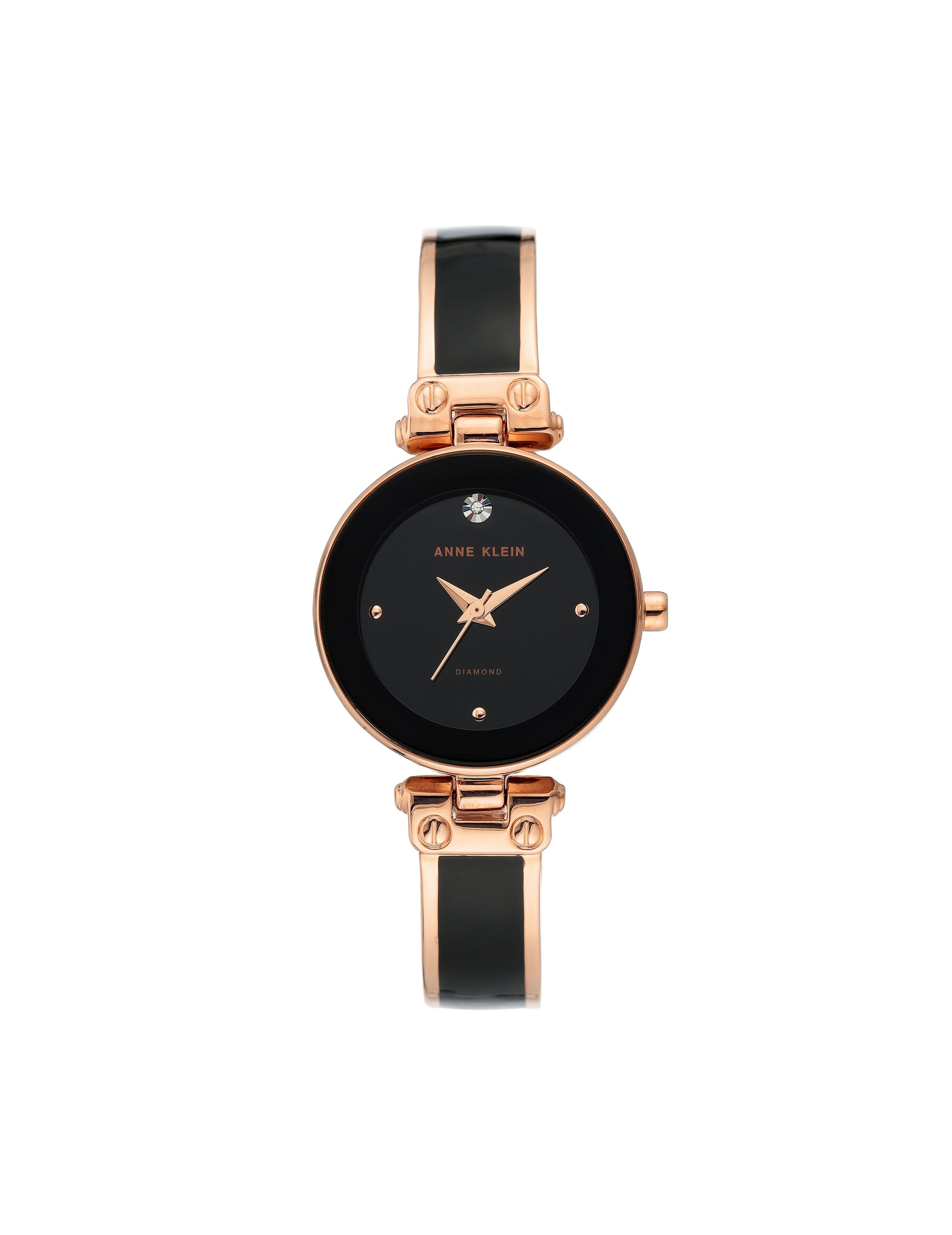 Anne Klein Black/Rose Gold-Tone Diamond Accent Bangle Bracelet Watch