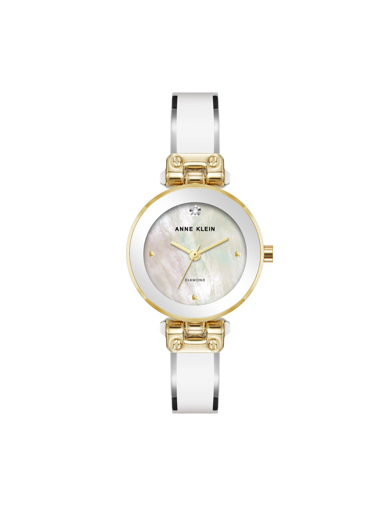 Anne Klein White/Two-Tone Diamond Accent Bangle Watch