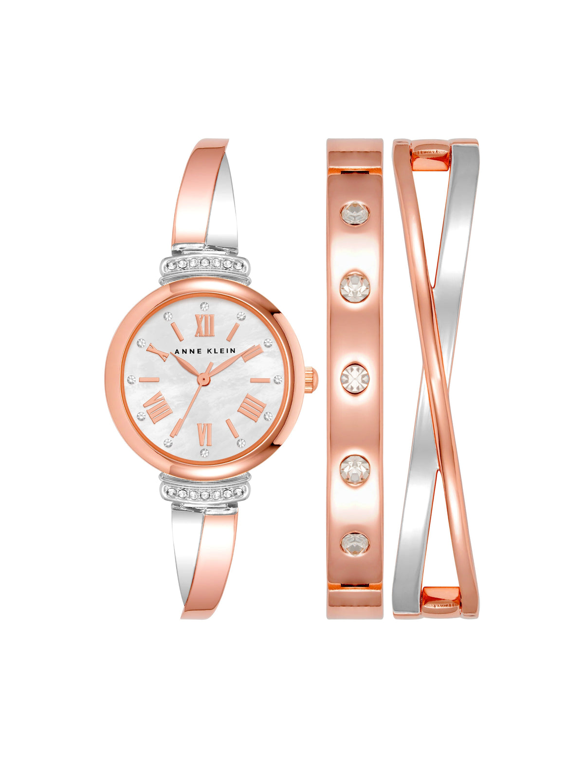 Anne Klein Silver/Rose-Tone Bangle Watch and Bracelets Set